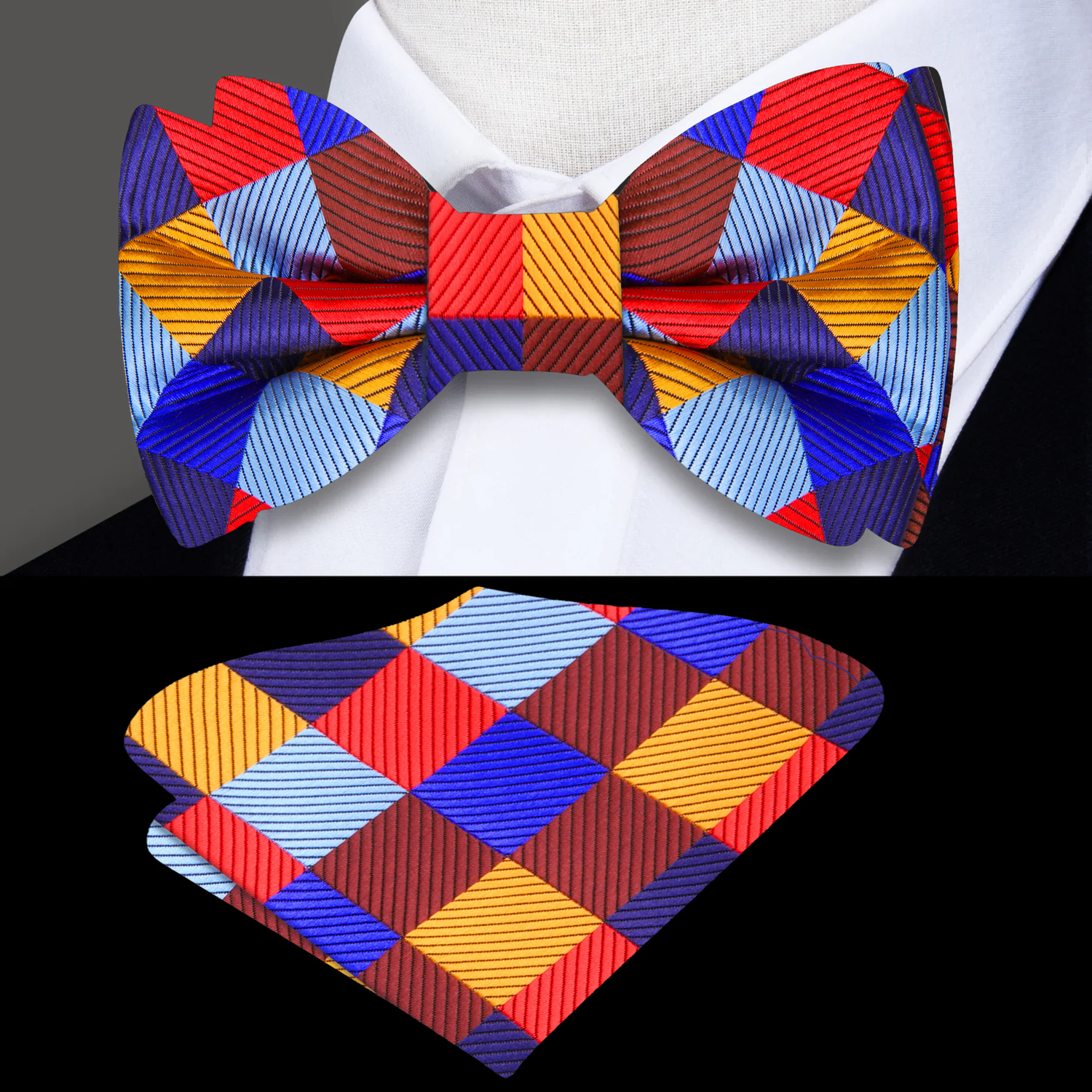 Red, Brown, Blue, Orange Geometric Bow Tie and Brown Pocket Square