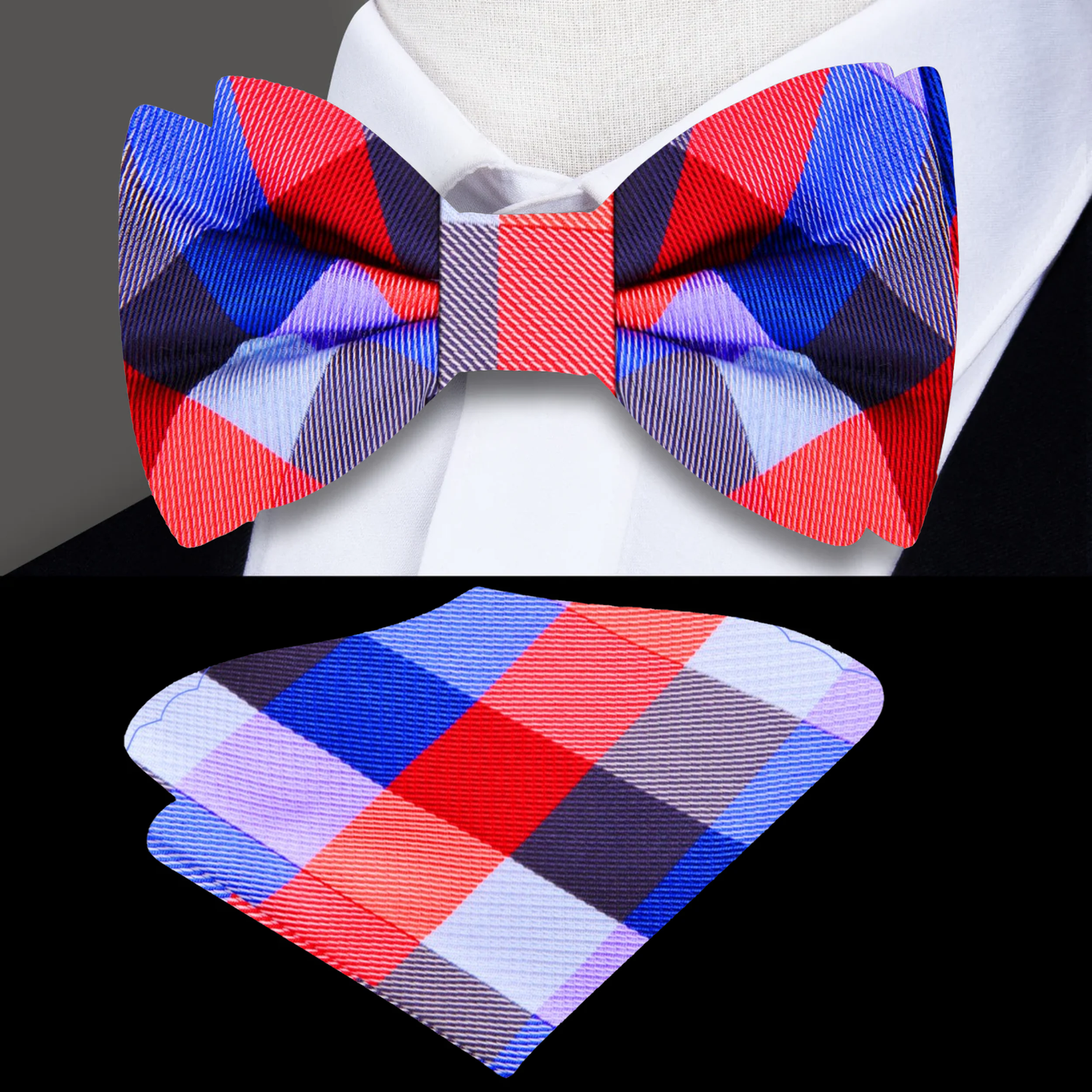 Red, Blue Check Bow Tie and Pocket Square