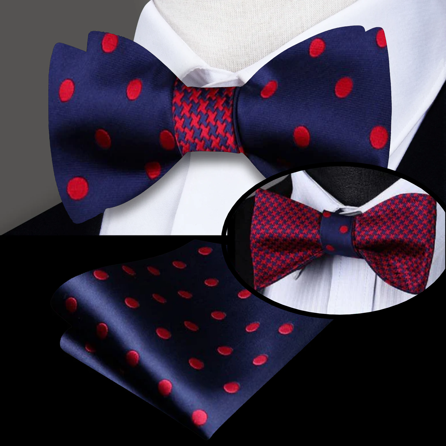 Premium A Blue, Red Hounds tooth and Polka Pattern Silk Self Tie Bow Tie, Matching Pocket Square