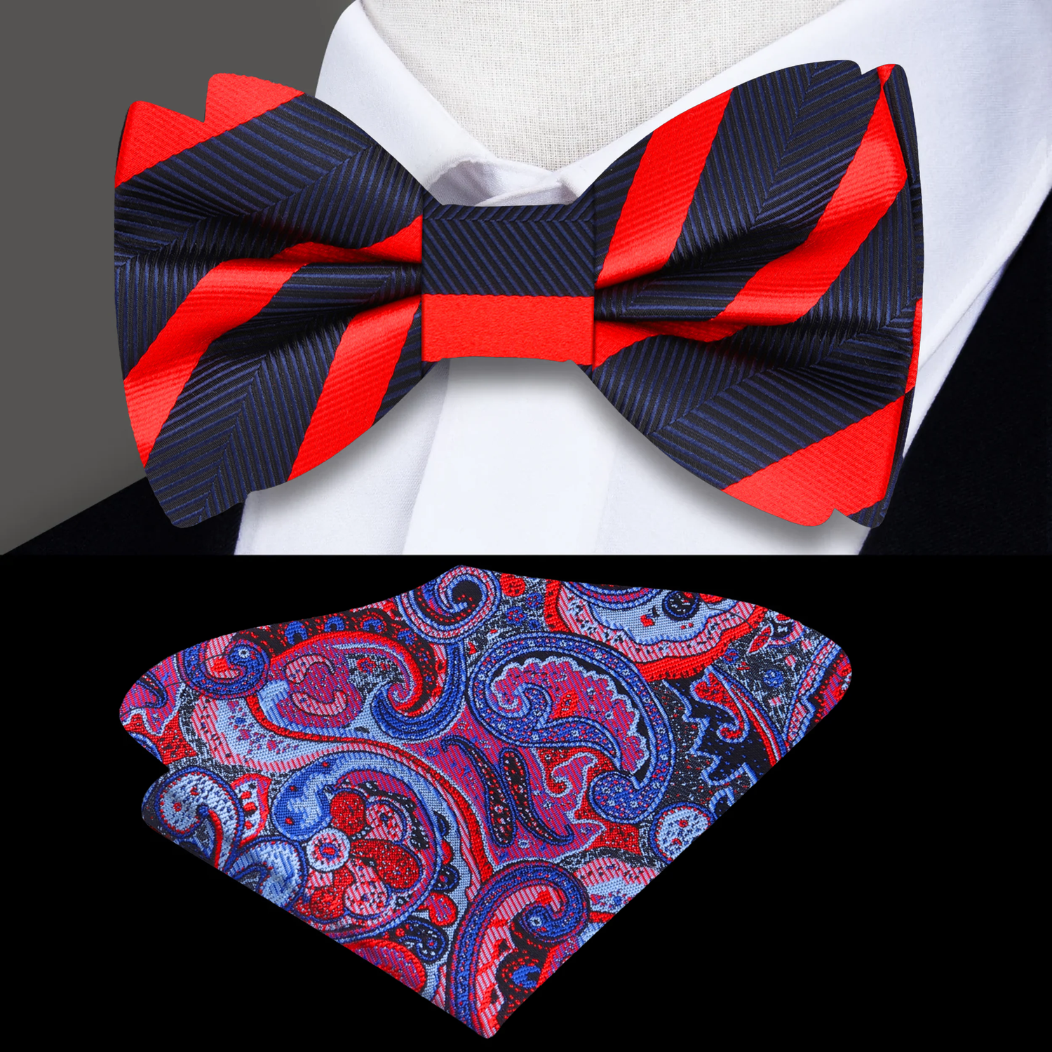 Main View: A Blue, Black, Red Stripe Pattern Silk Self Tie Bow Tie, Accenting Pocket Square