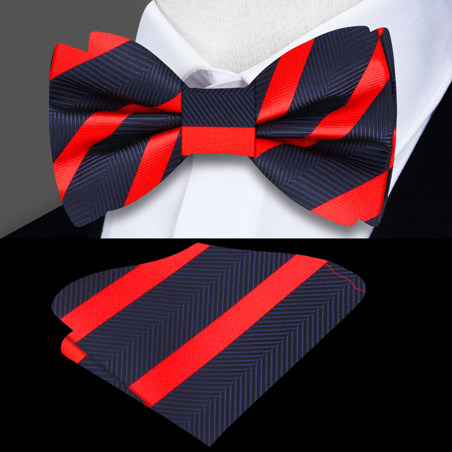 Main View: A Blue, Black, Red Stripe Pattern Silk Self Tie Bow Tie, Matching Pocket Square