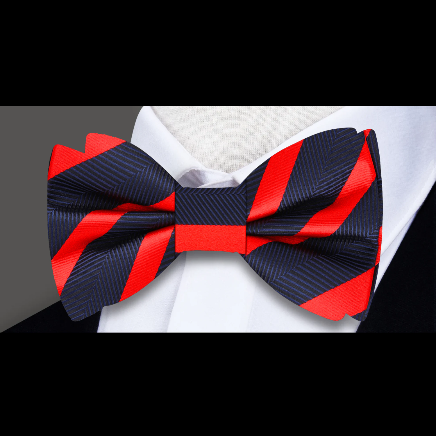 Main View: A Blue, Black, Red Stripe Pattern Silk Self Tie Bow Tie 