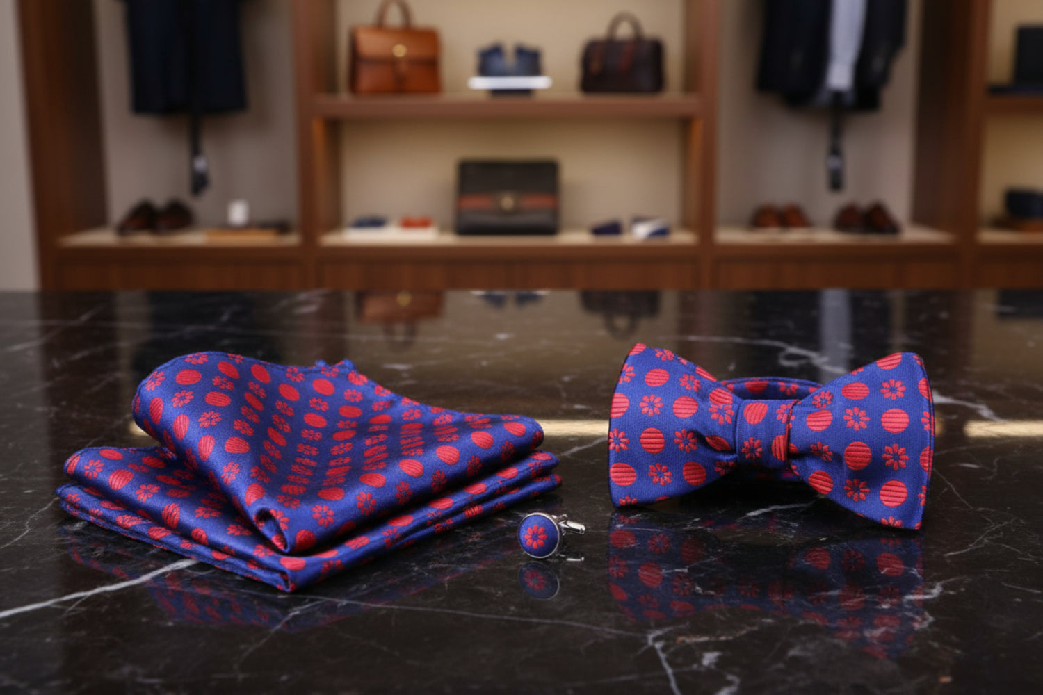 A men's formal accessory set featuring a matching necktie, pocket square, and cufflinks with a blue and red patterned fabric design