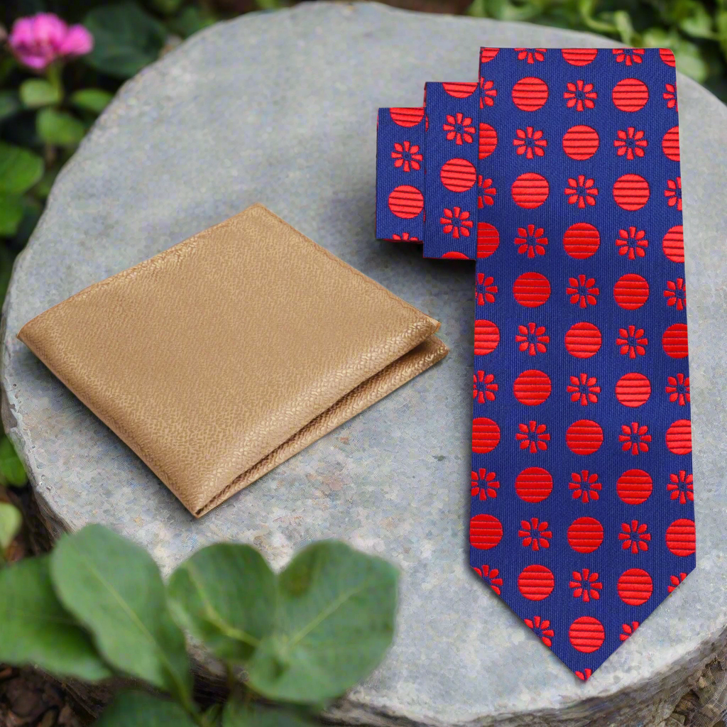 Alt Blue Red Fireball Floral Necktie and Gold Square