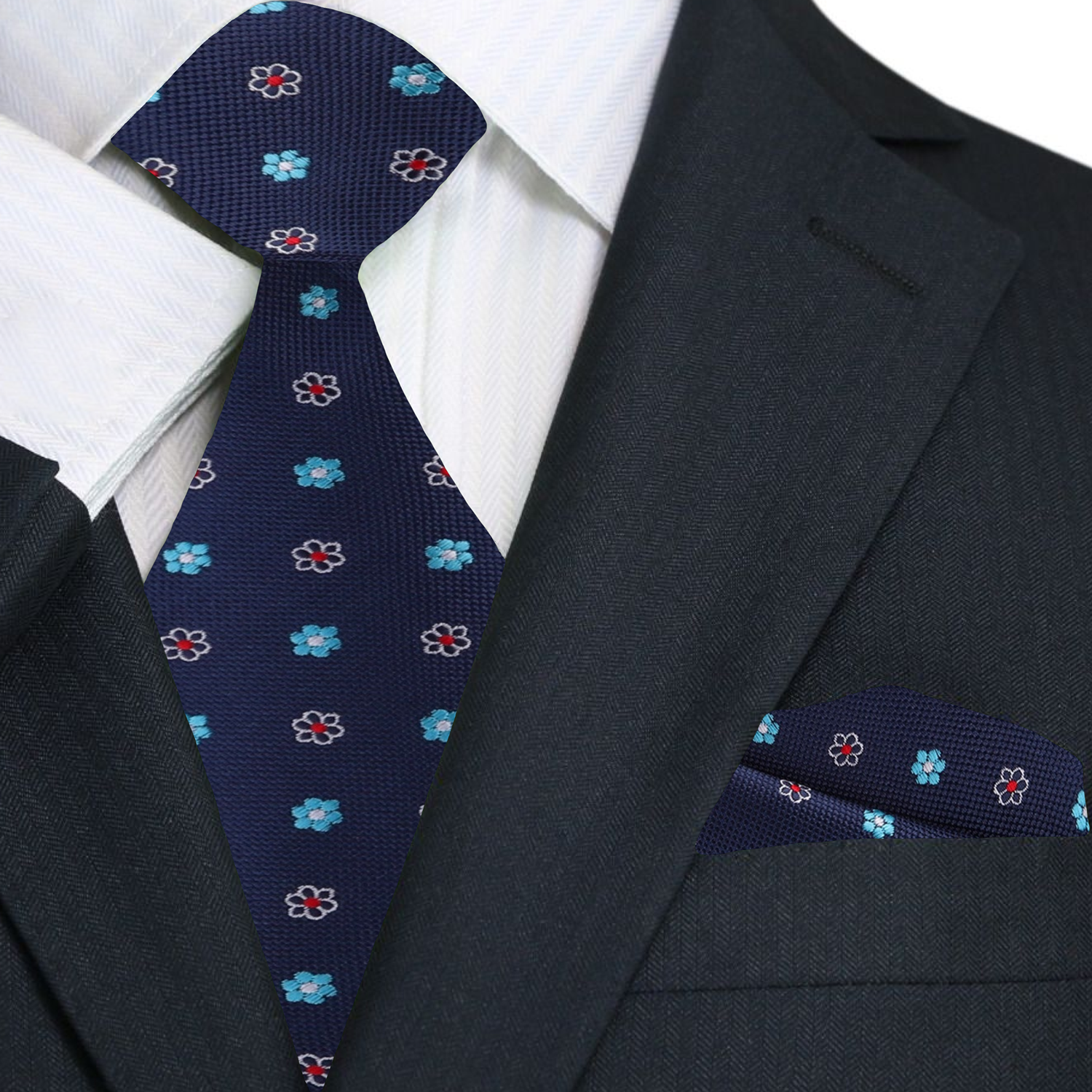 Main Blue Small Flower Necktie and Pocket Square