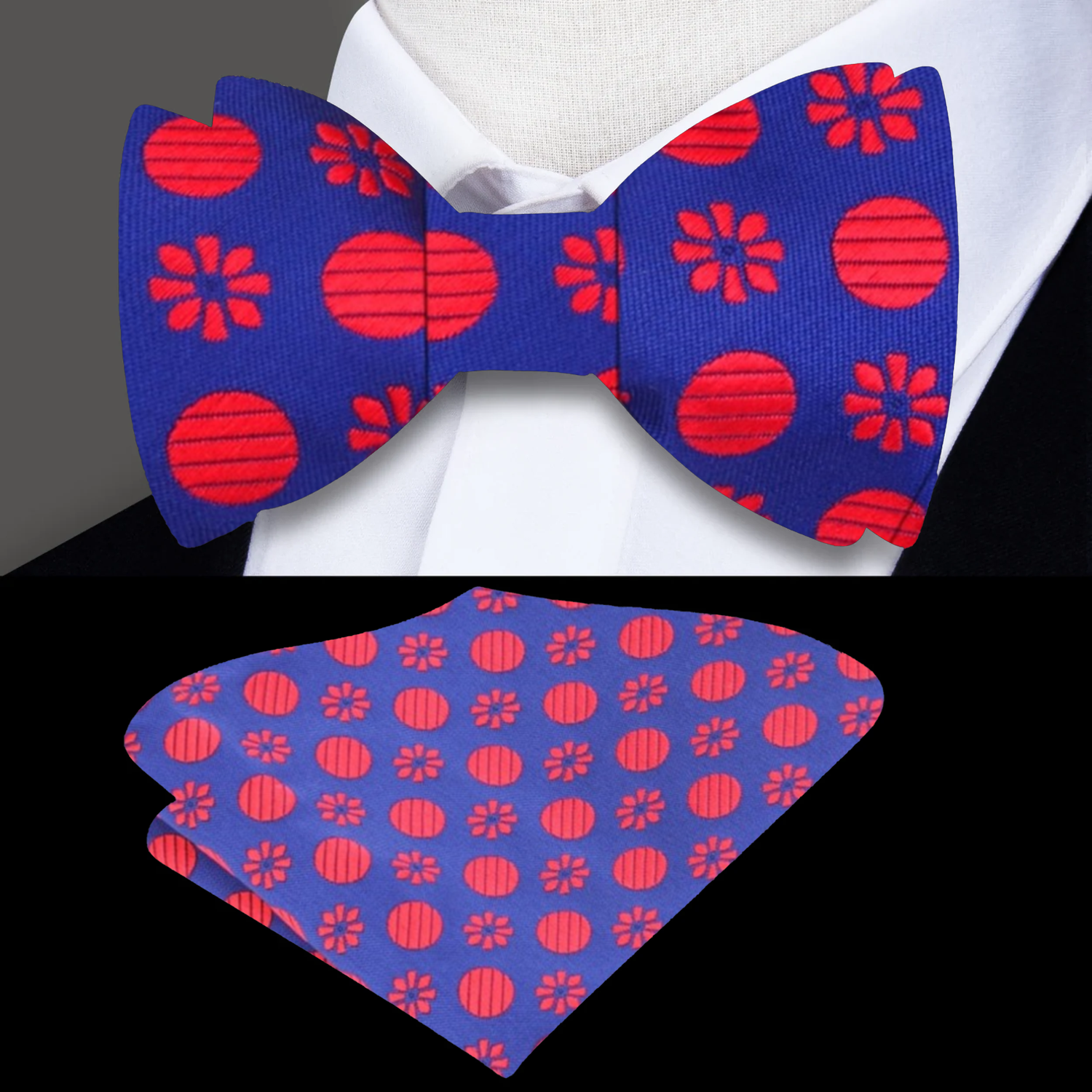 Blue, Red Flowers and Dots Bow Tie and Matching Square