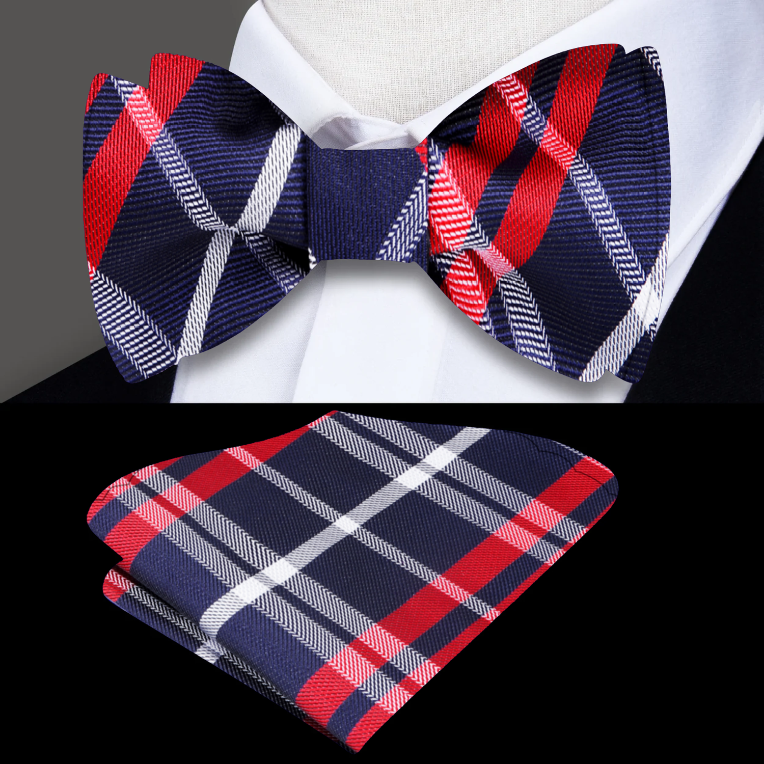 Blue, Red Plaid Bow Tie and Square