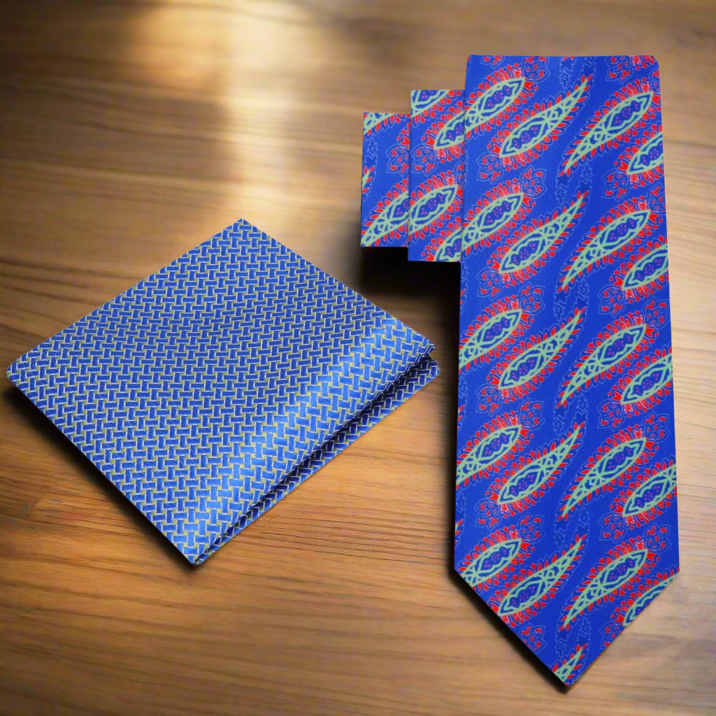 Alt View: Blue Red Green Purple Jalapeño Paisley Necktie and Square