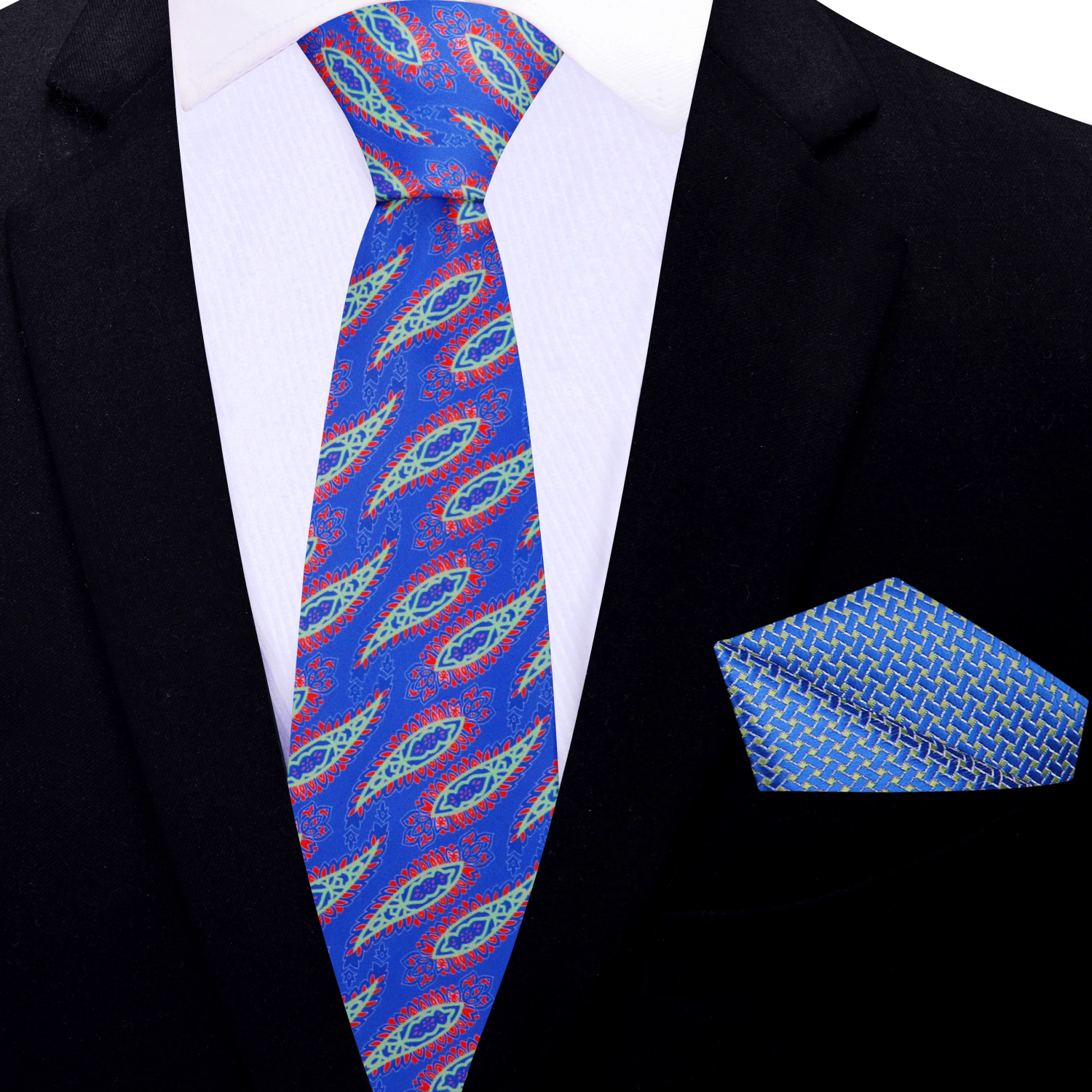 Thin Tie: Blue Red Green Purple Jalapeño Paisley Necktie and Square