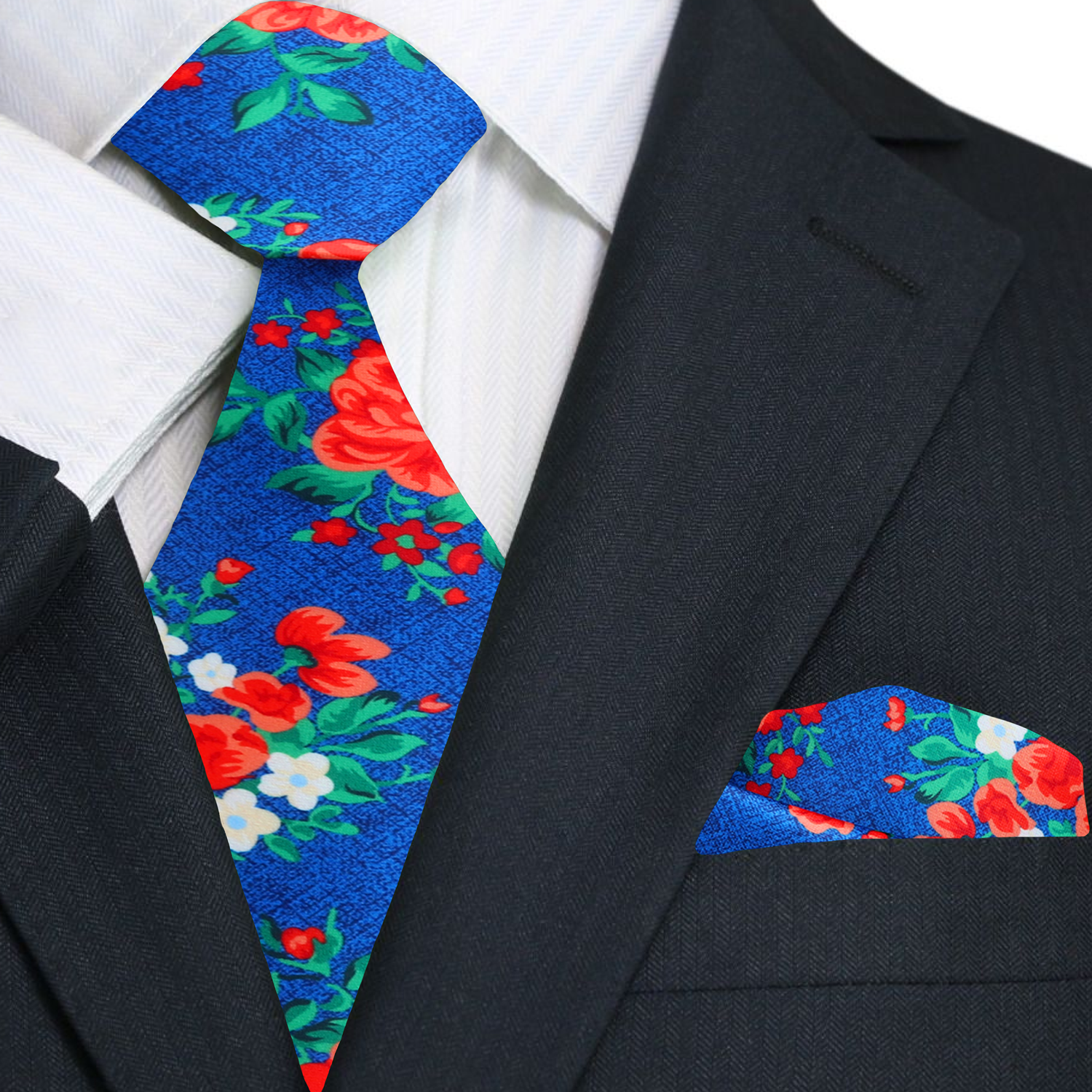 Premium Rich Blue, Red, Green Rose Bunches Tie and Pocket Square