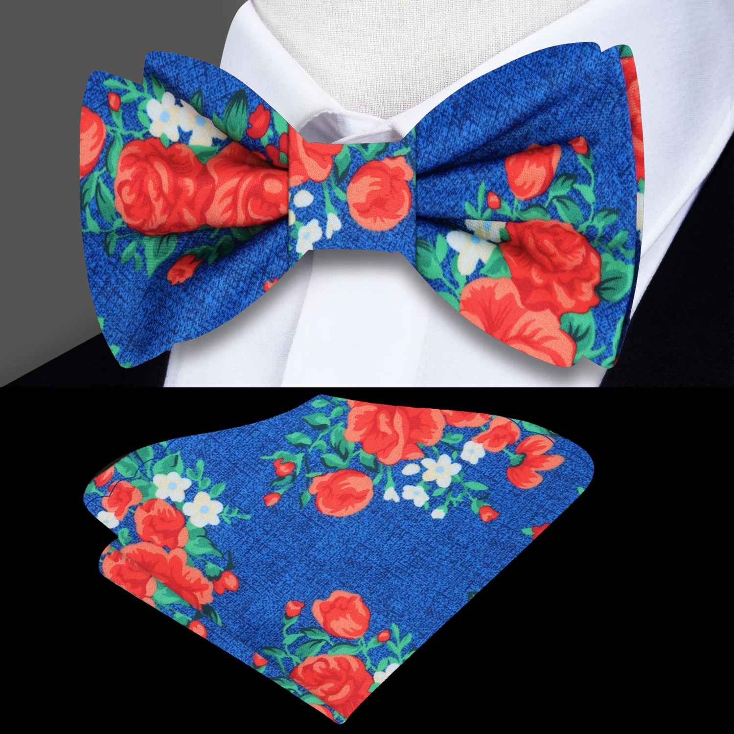 Rich Blue, Red, Green Rose Bunches Bow Tie and Pocket Square||Rich Blue