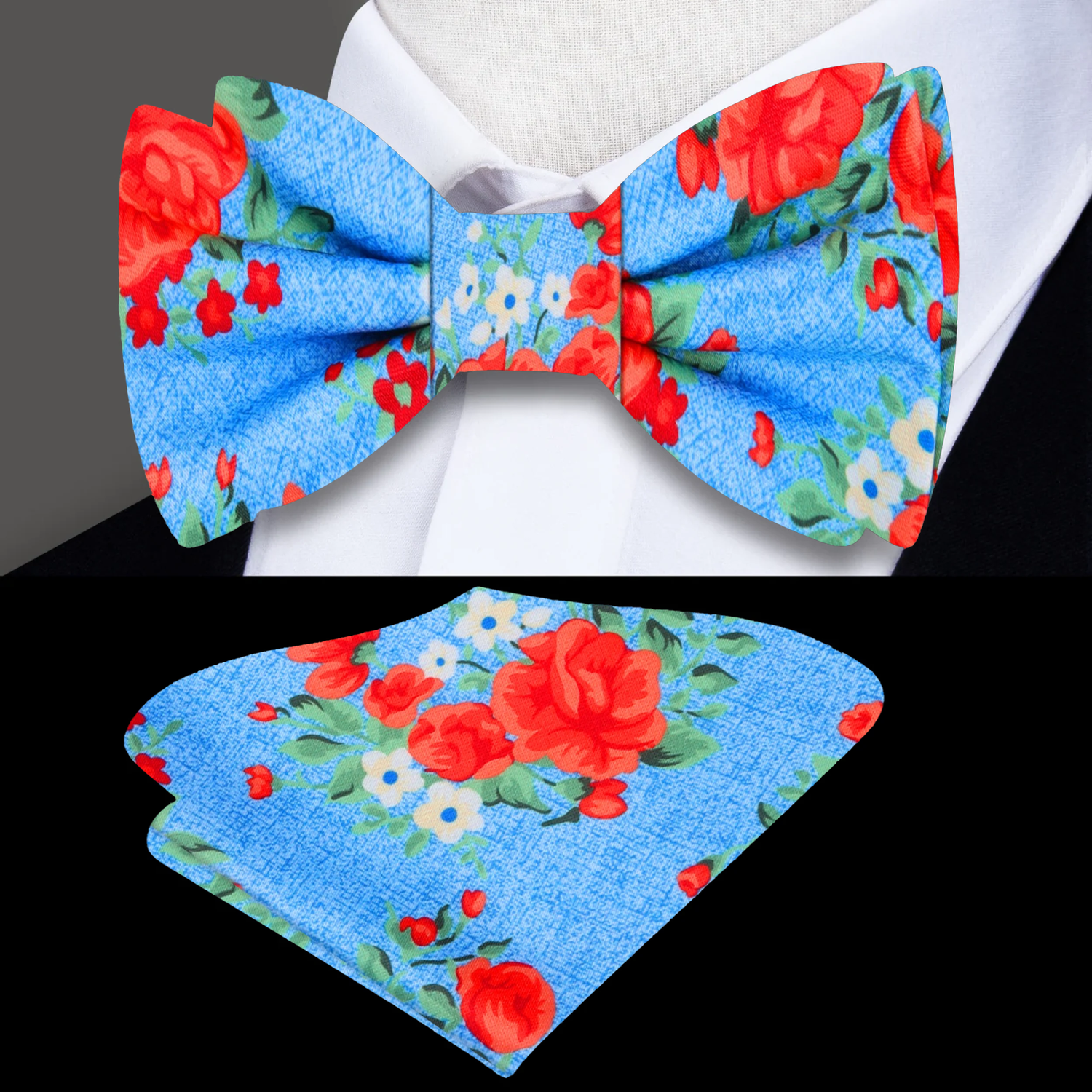 Light Blue, Red, Green Rose Bunches Bow Tie and Pocket Square||Light Blue