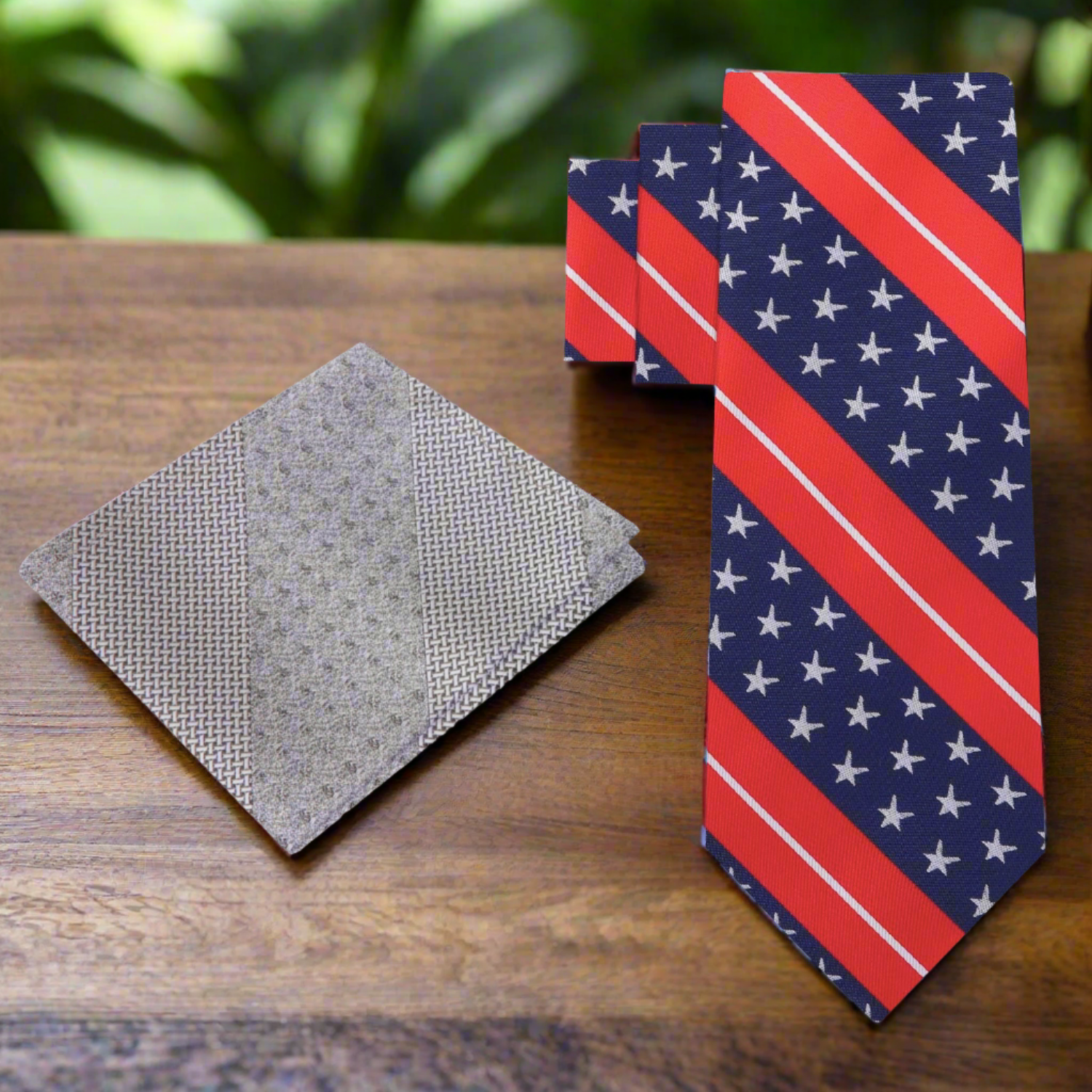 Blue, Red, Grey Stars and Stripes Tie and Accenting Square