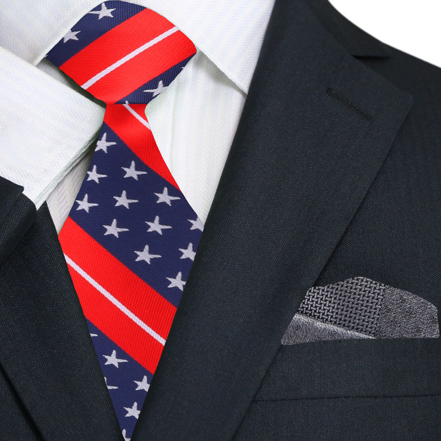 Premium Blue, Red, Grey Stars and Stripes Tie and Accenting Square