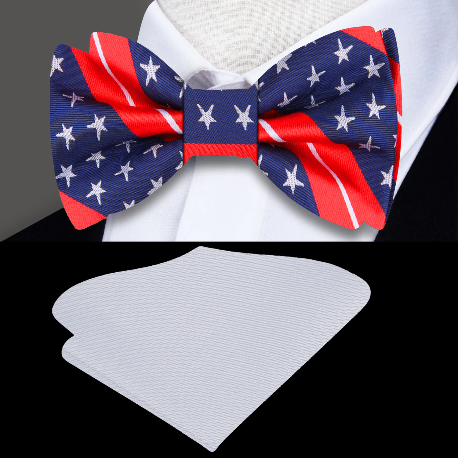 Blue, Red, Grey Stars and stripes Bow Tie and Grey Square