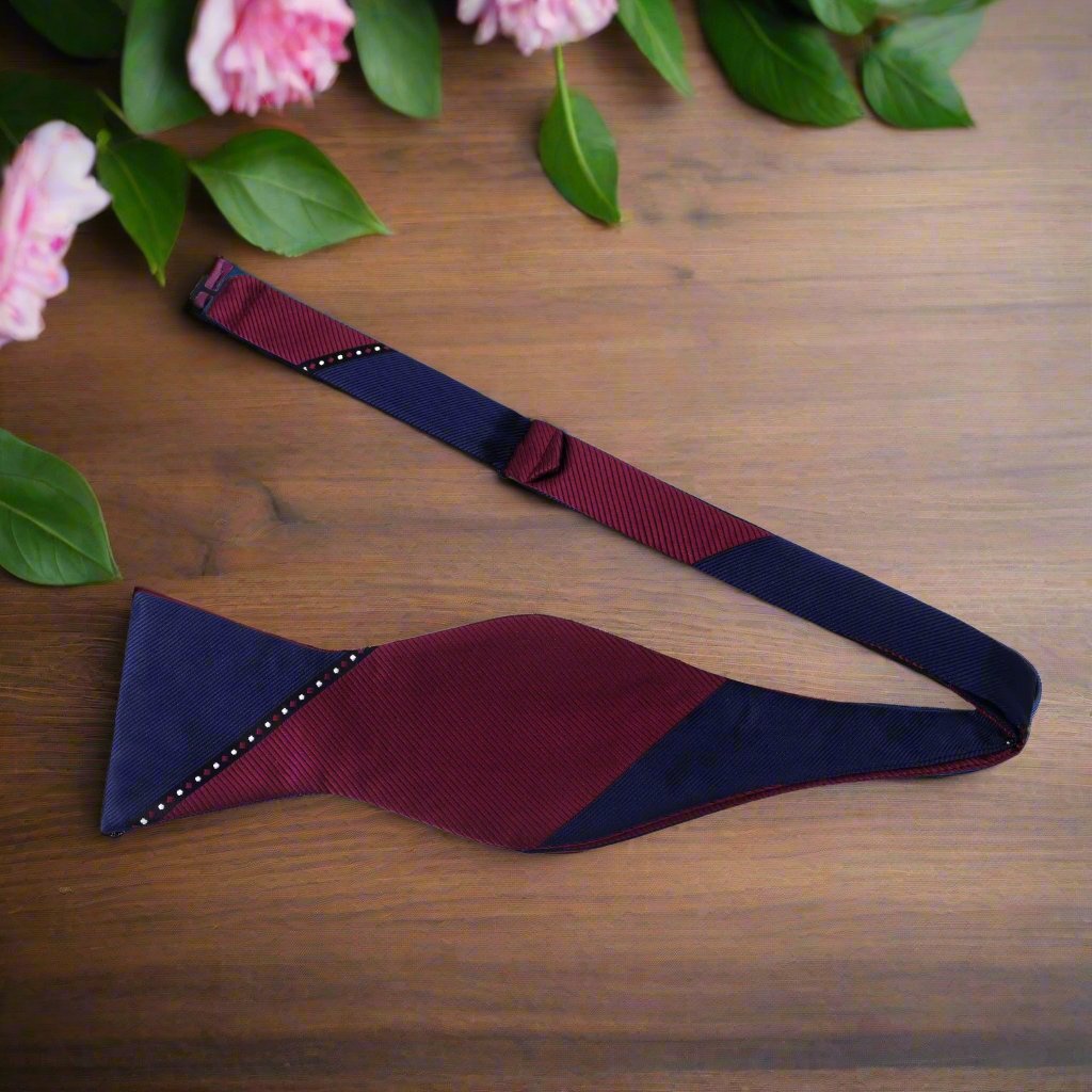 Blue and Dark Red Stripe Bow Tie Self Tie