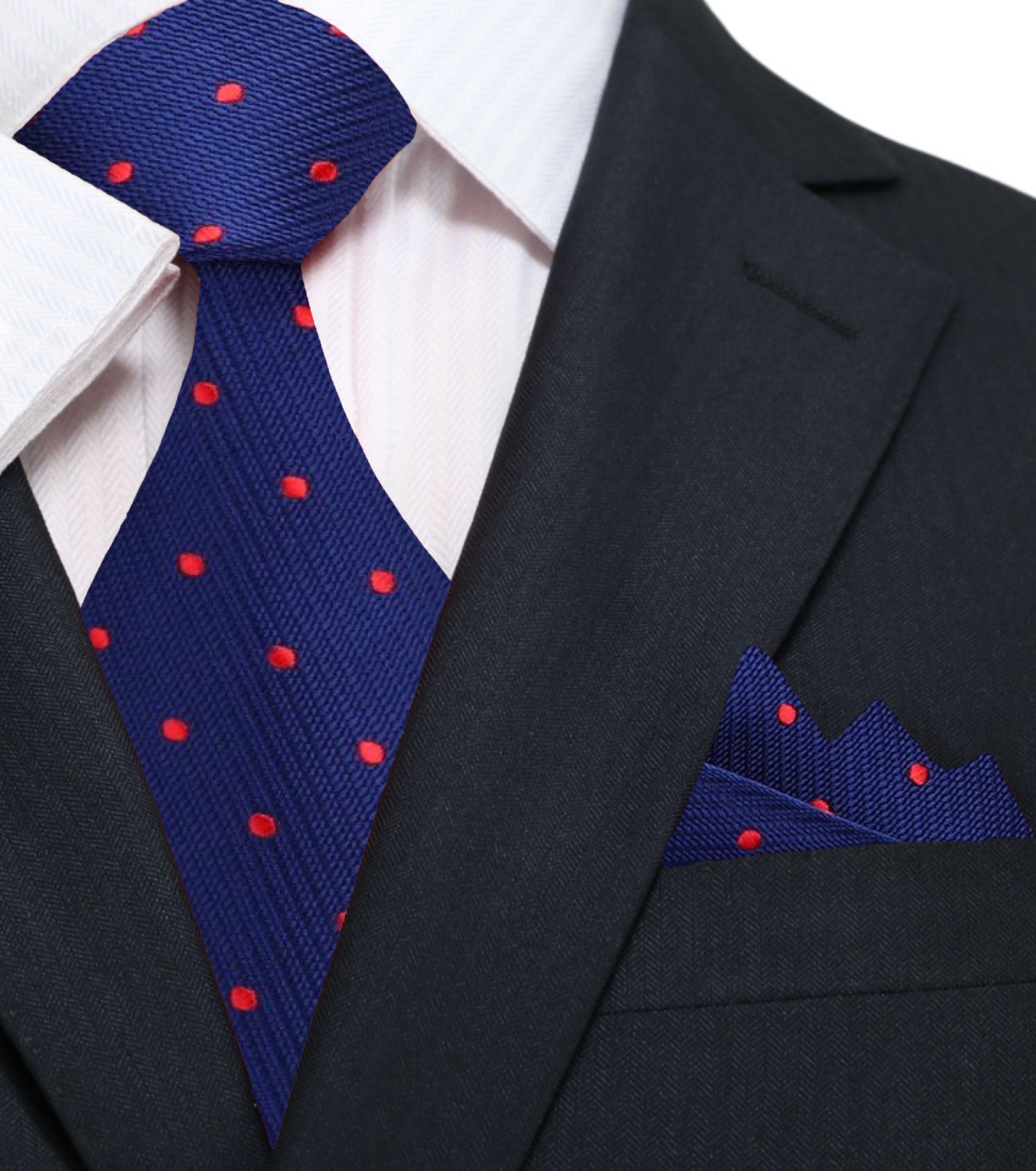 A Blue, Red Small Polka Dots Pattern Silk Necktie, Matching Pocket Square||Blue with Red Dots