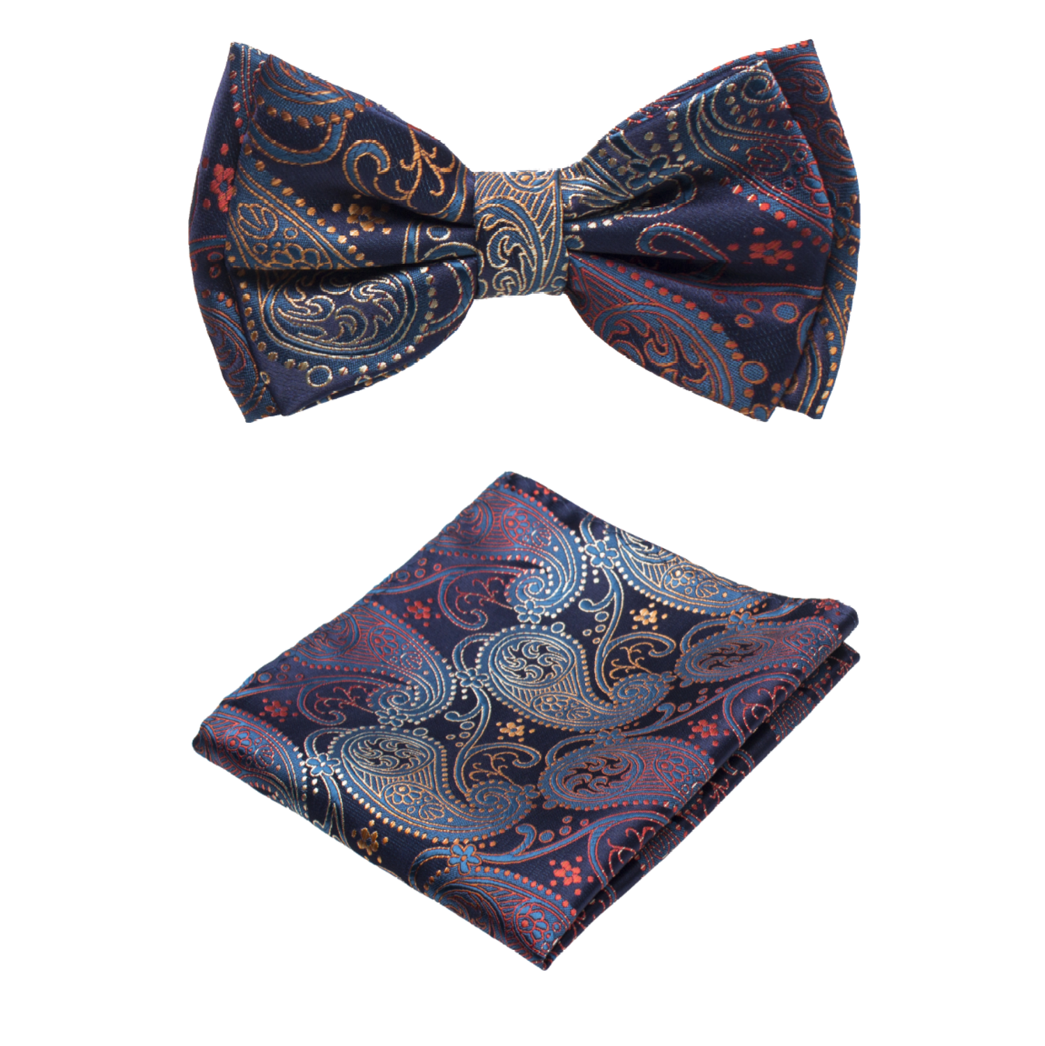 Blue, Red and Orange Paisley Bow Tie and   Square