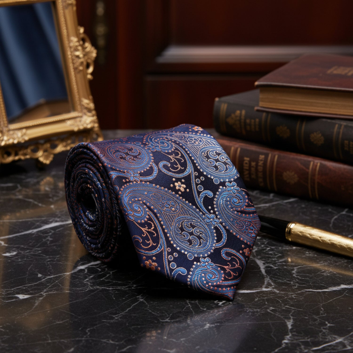 Roll of blue paisley tie on a marble surface with books and a mirror in the background