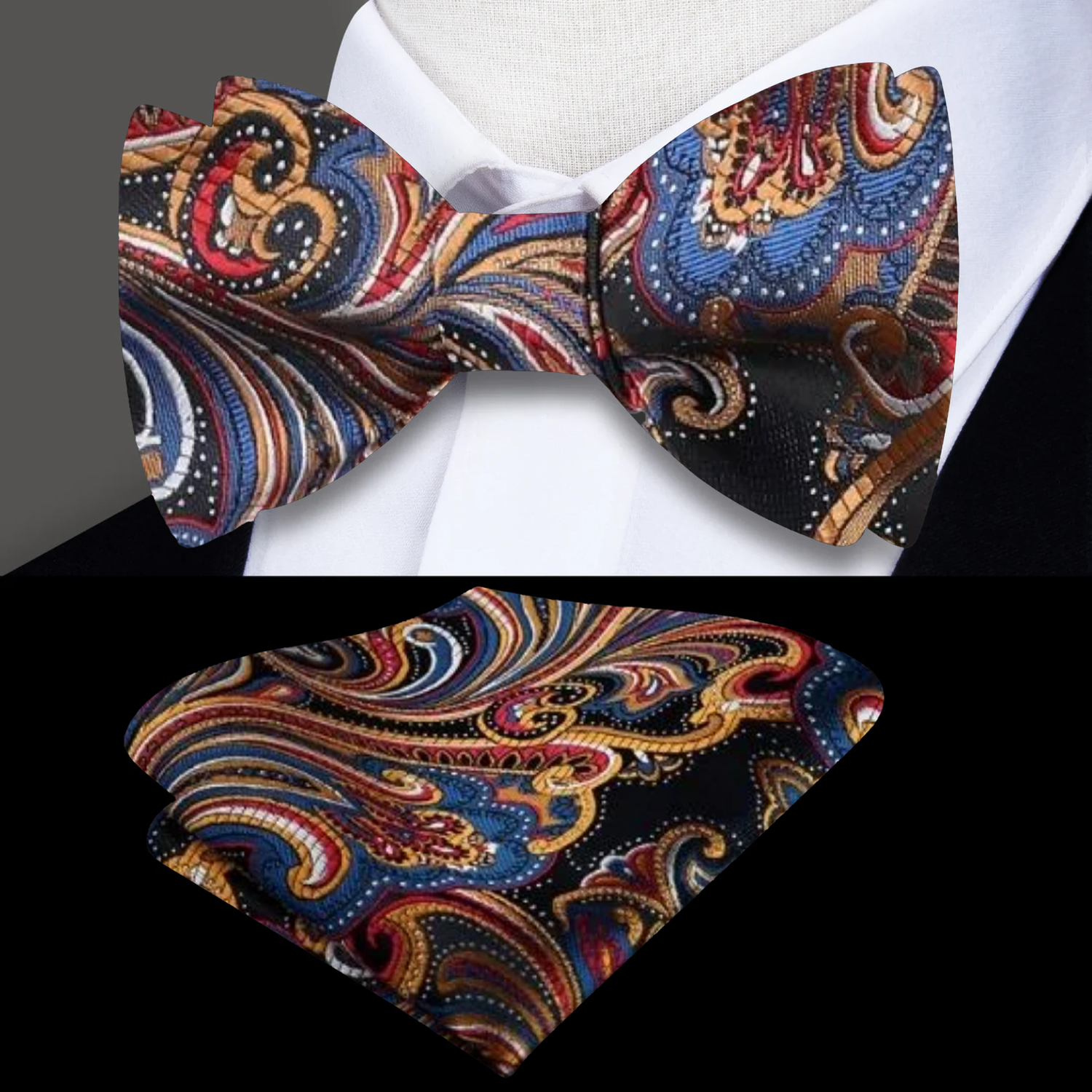 Blue, Orange, Red Paisley Bow Tie and Square