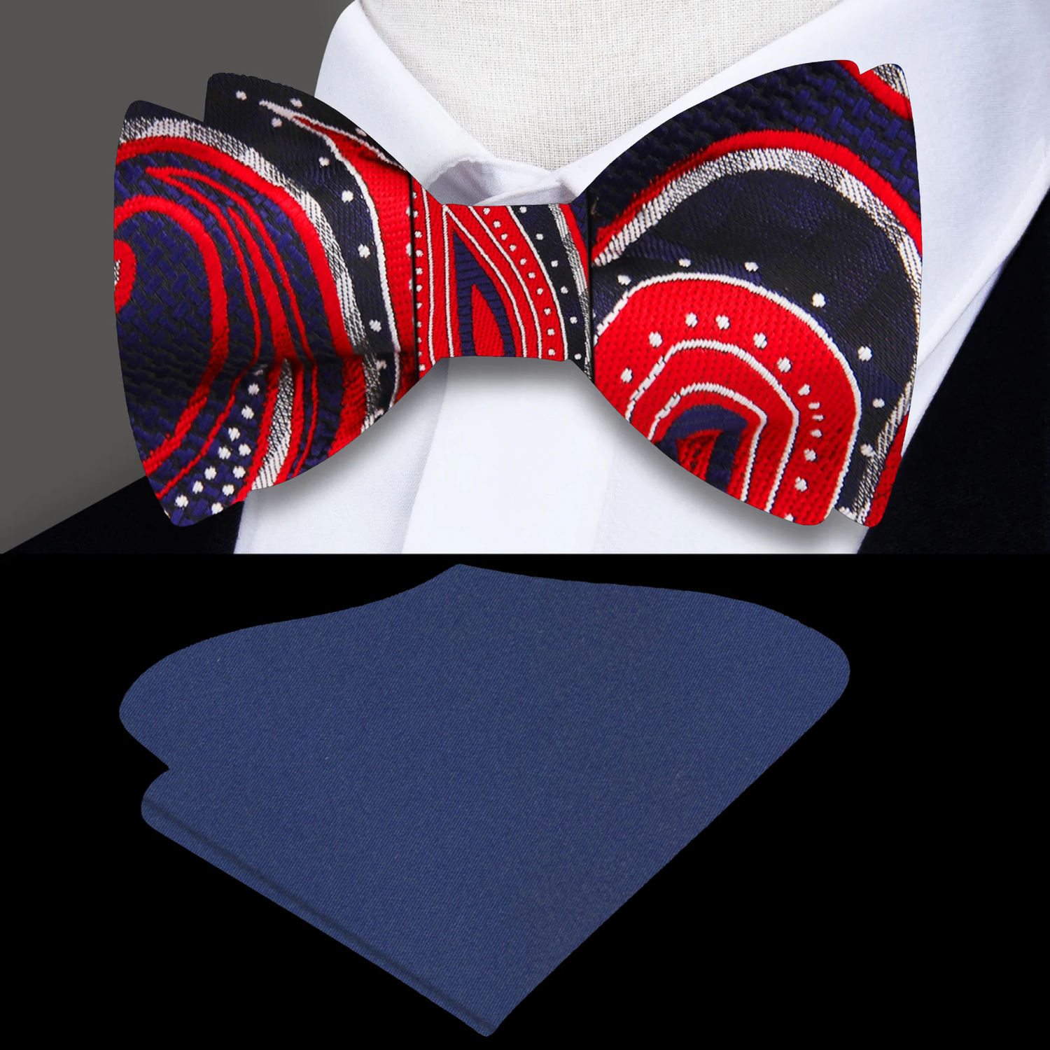 Blue, Red Paisley Bow Tie and Blue Square
