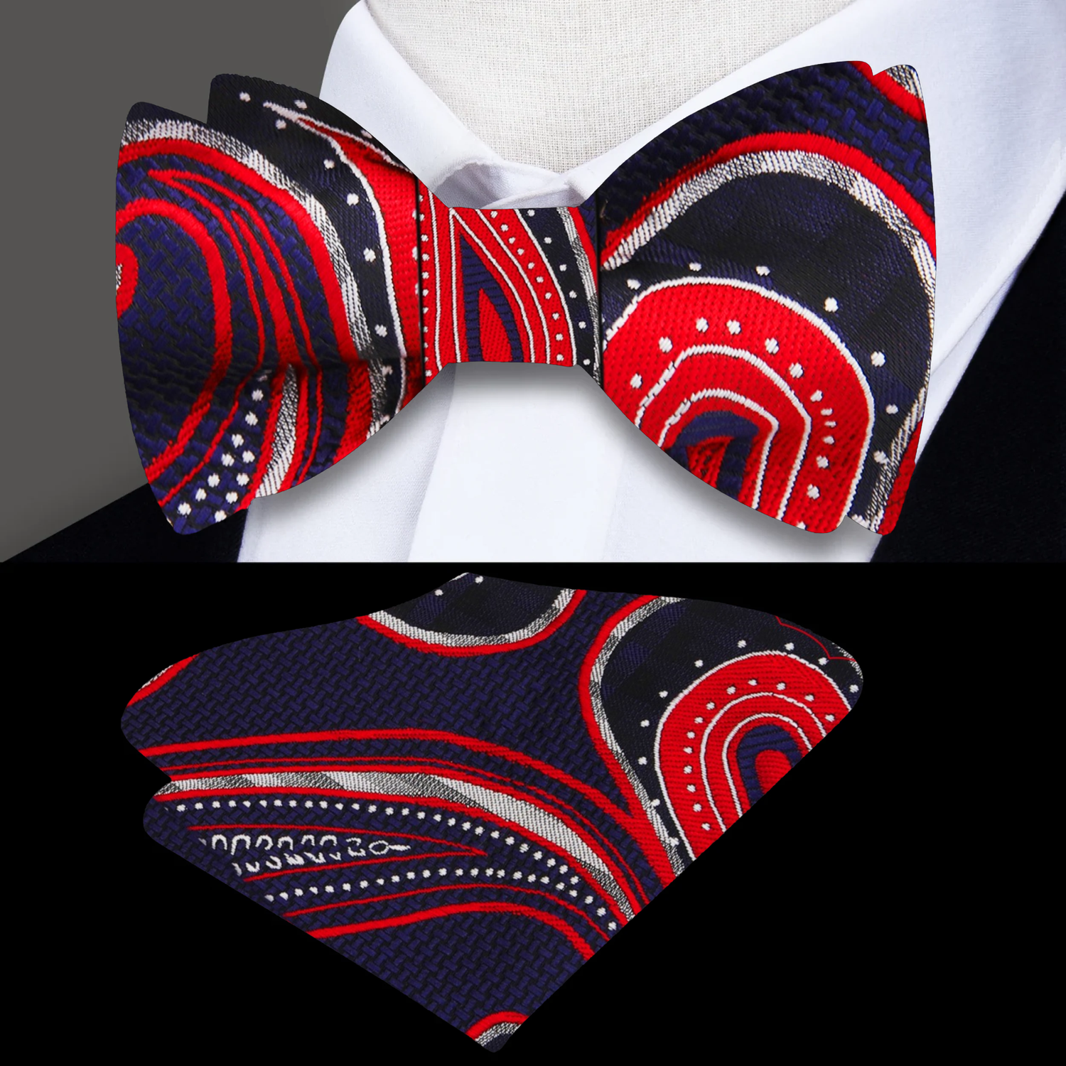 Blue, Red Paisley Bow Tie and Square