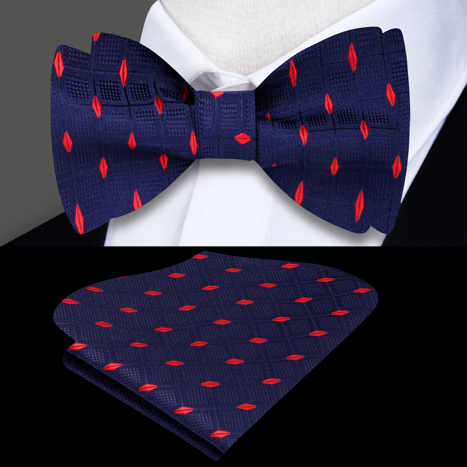 A Blue, Red Geometric Check Pattern Silk Self Tie Bow Tie, Matching Pocket Square ||Blue