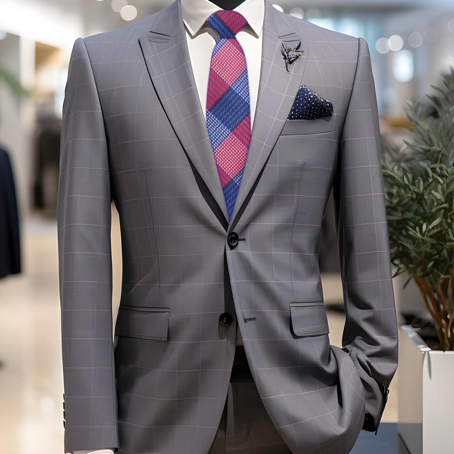 Red and Blue Plaid Tie on Grey Suit