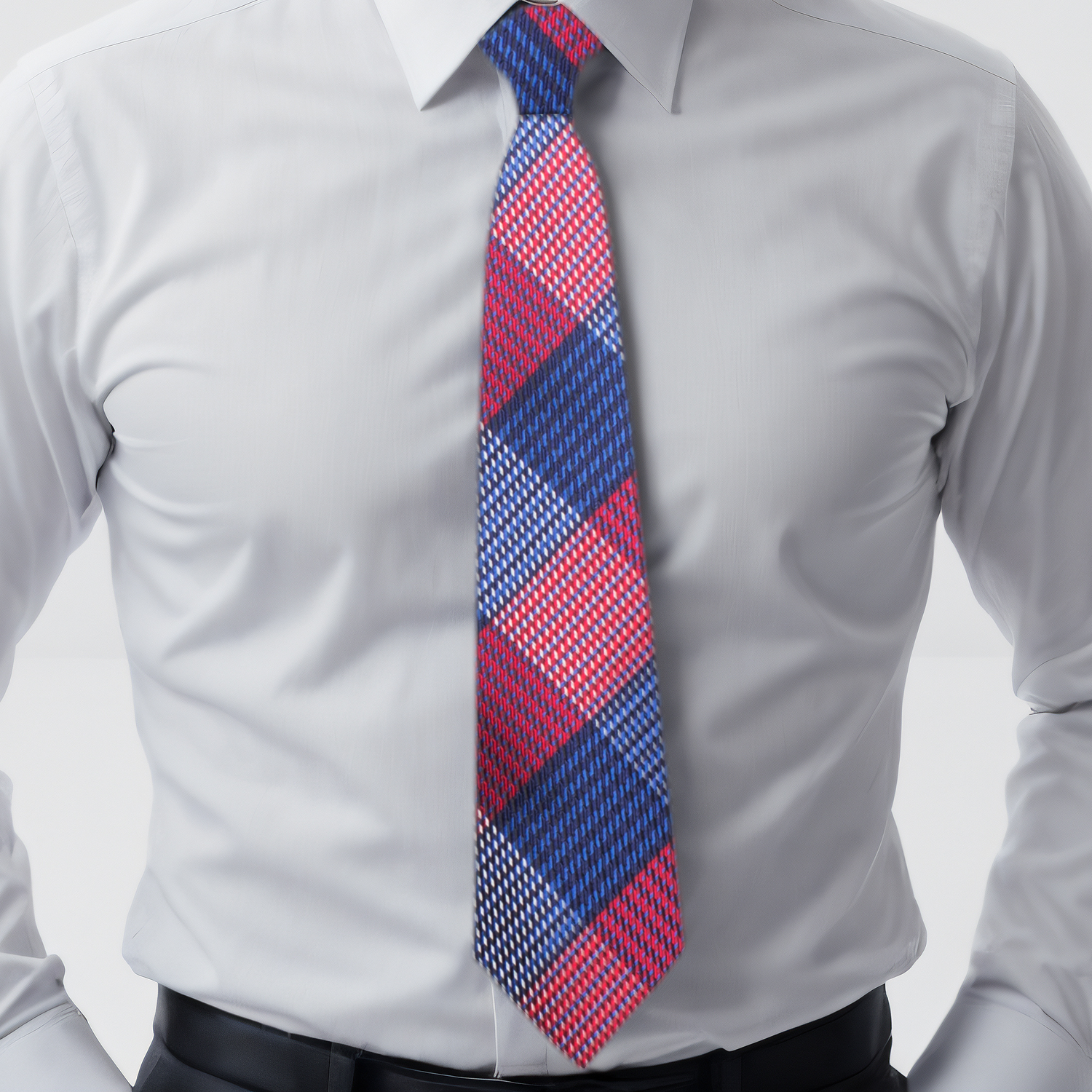 Red and Blue Plaid Tie On White Shirt