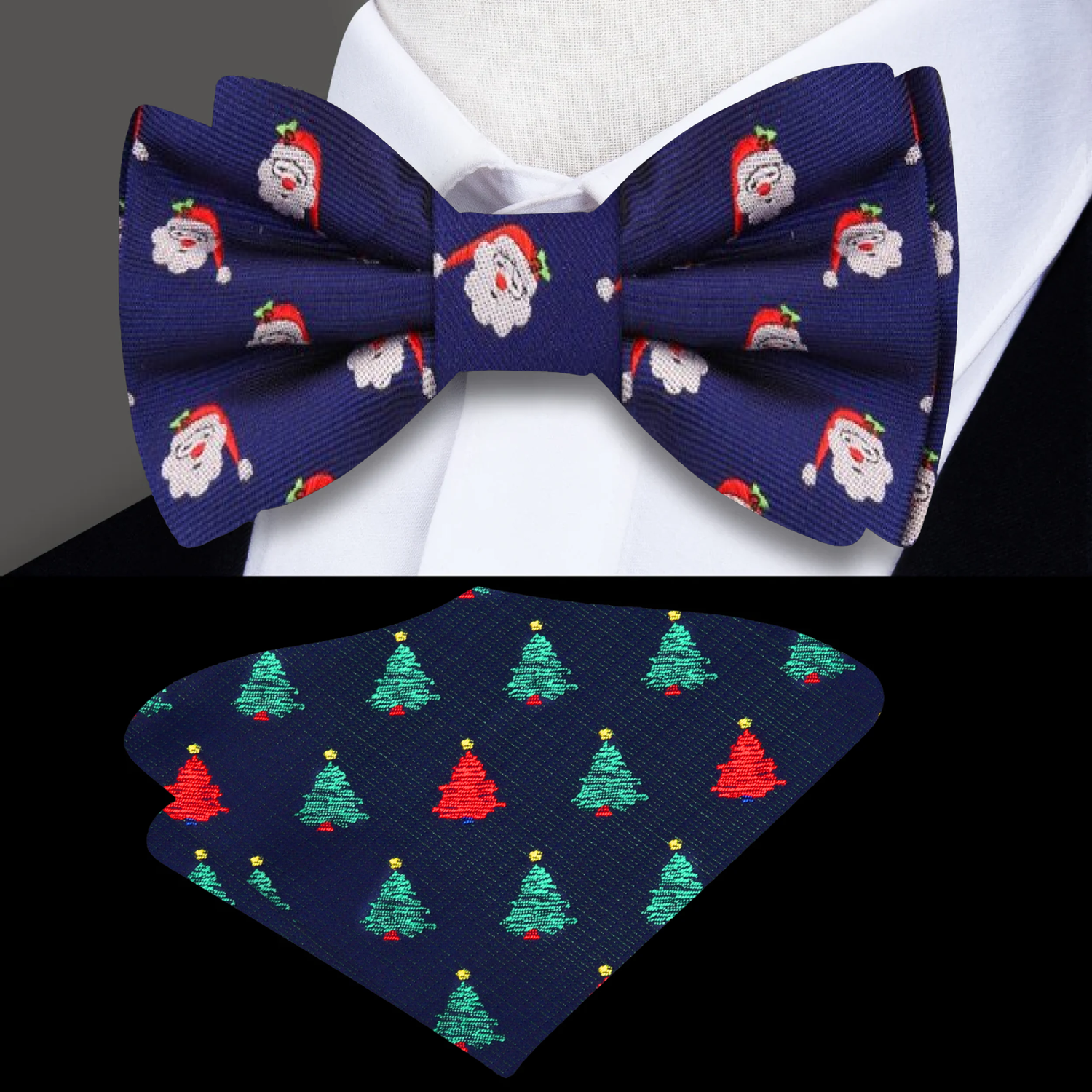 Blue Silk with Santa Bow Tie and Accenting Pocket Square