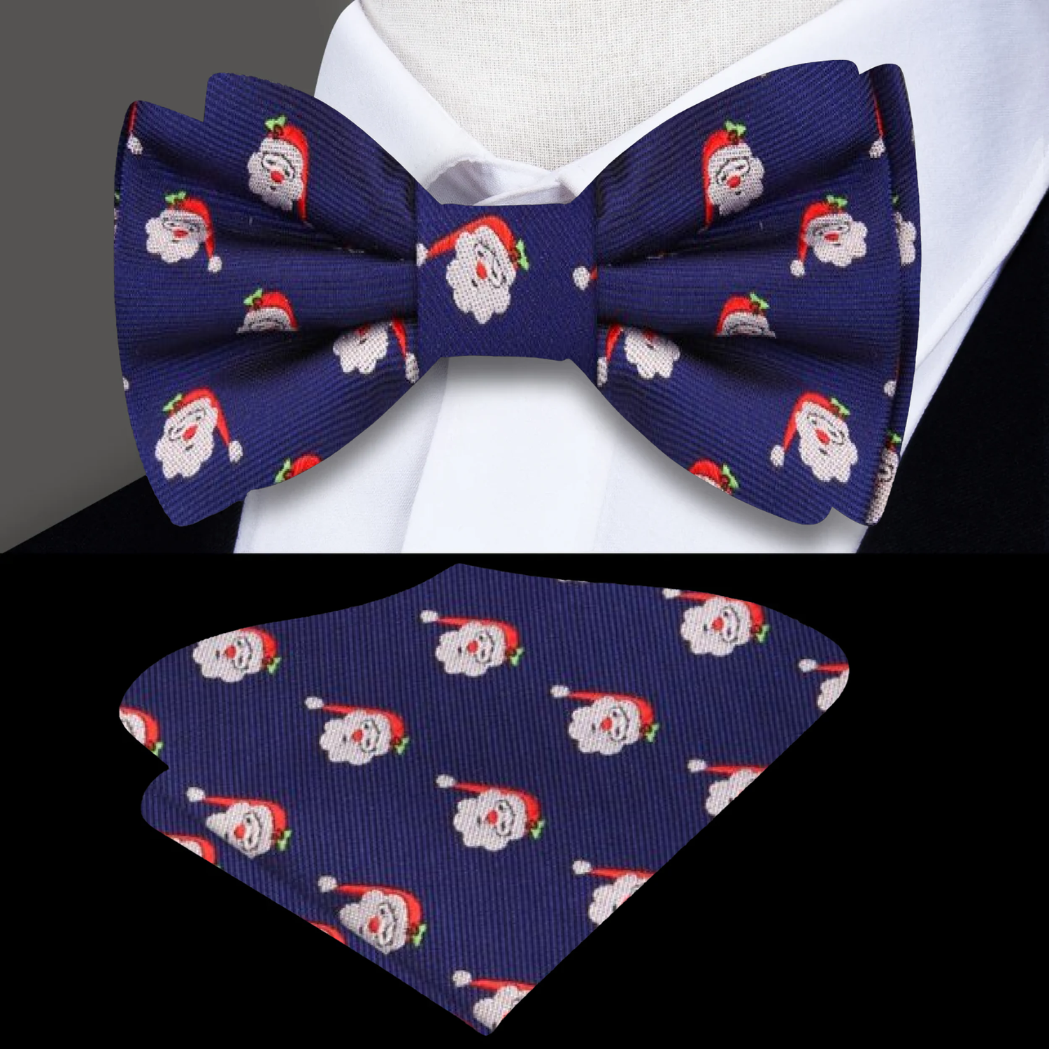 Blue Silk with Santa Bow Tie and Pocket Square