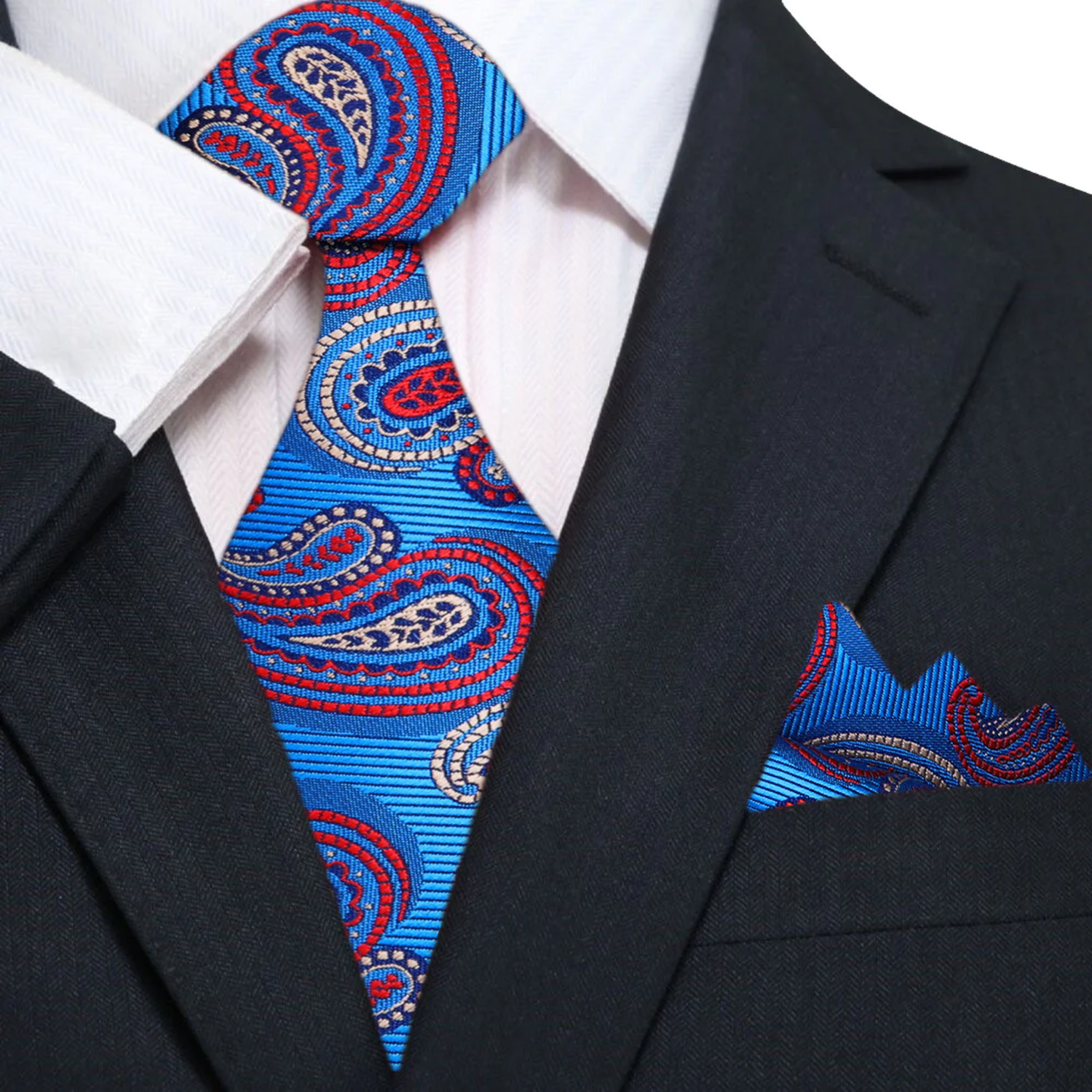 A Blue, Red Paisley Pattern Silk Necktie, With Matching Pocket Square 