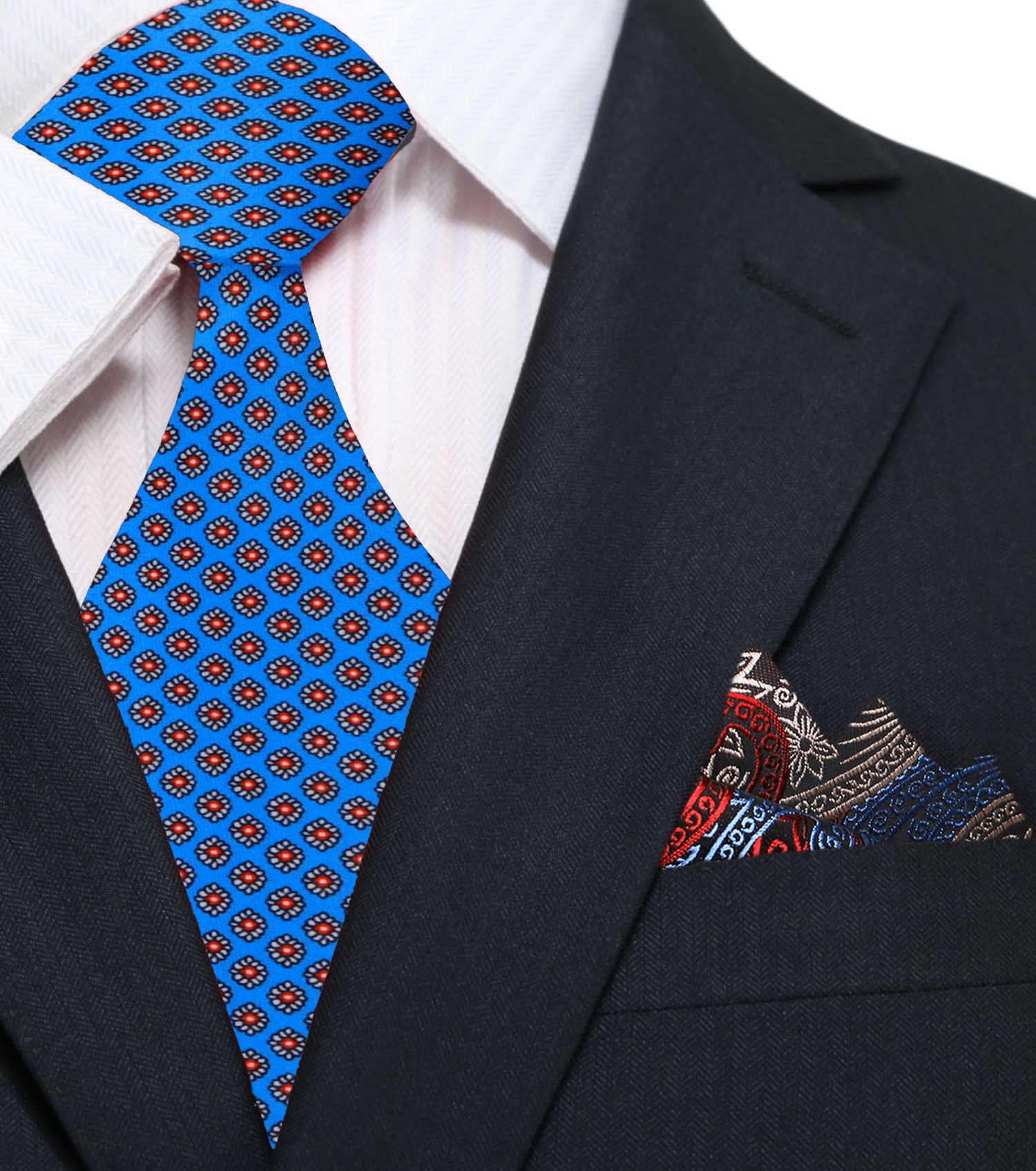  Blue with red and white small medallions necktie and accenting square