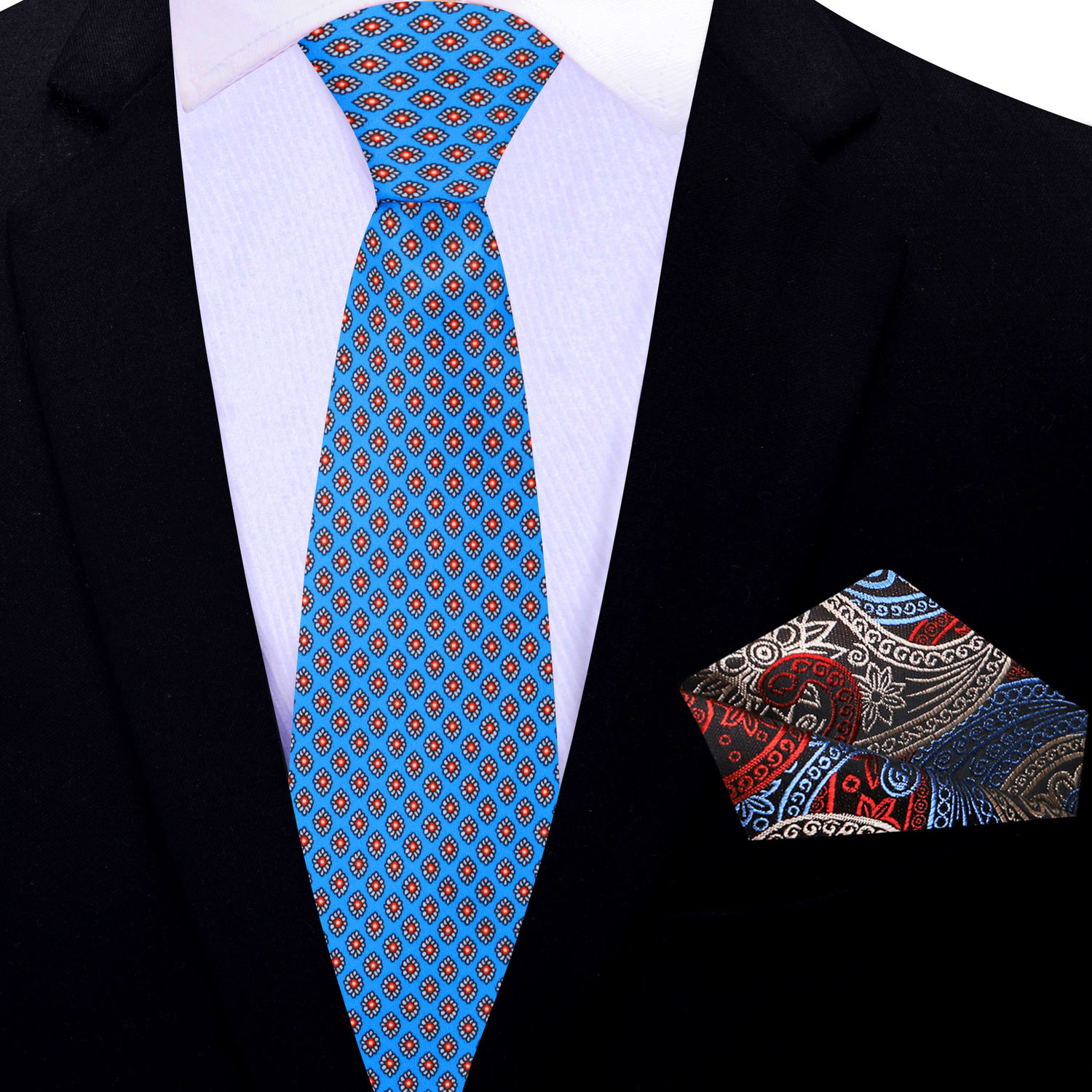 thin  Blue with red and white small medallions necktie and accenting square