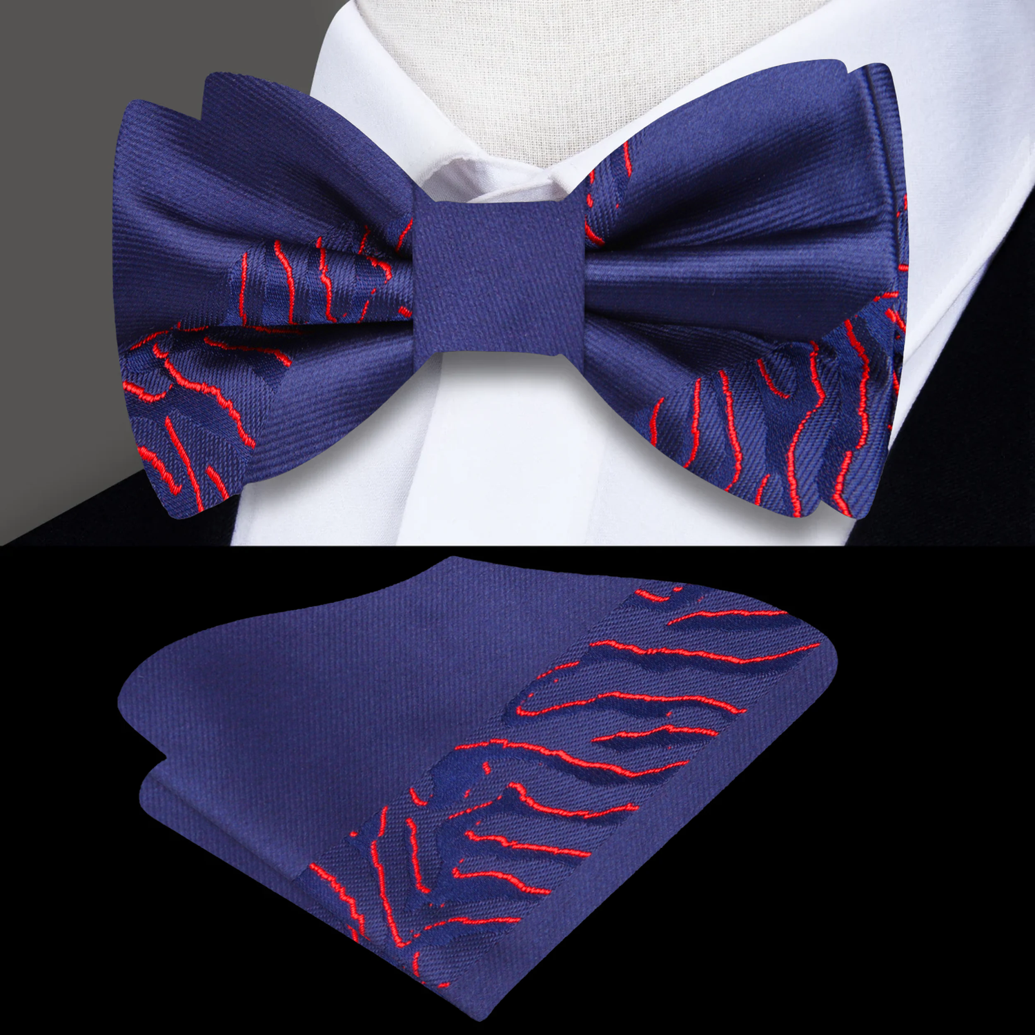 Blue, Red Tiger Bow Tie and Pocket Square||Blue/Red||Blue