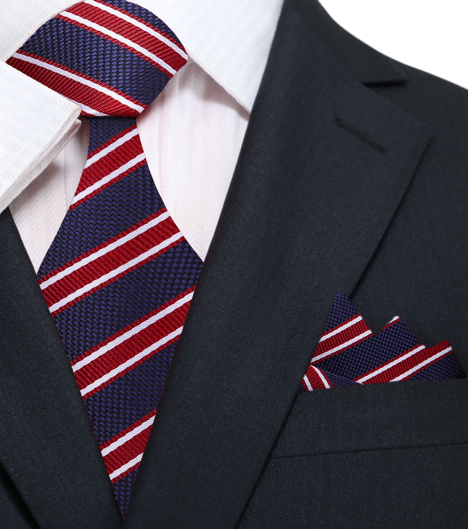 Main: A Dark Blue, Red Stripe Pattern Silk Necktie, Pocket Square