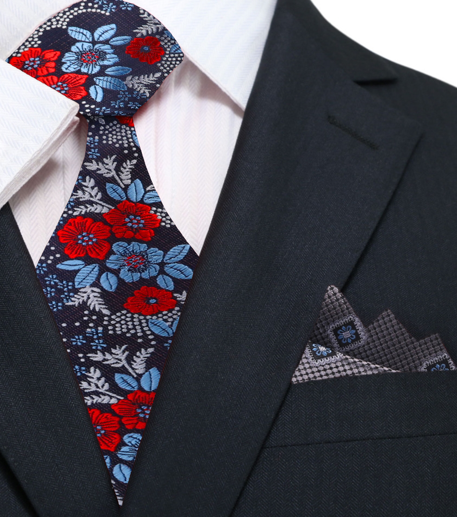 Blue, Red, Silver Floral Necktie with Accenting Grey, Blue Geometric Square