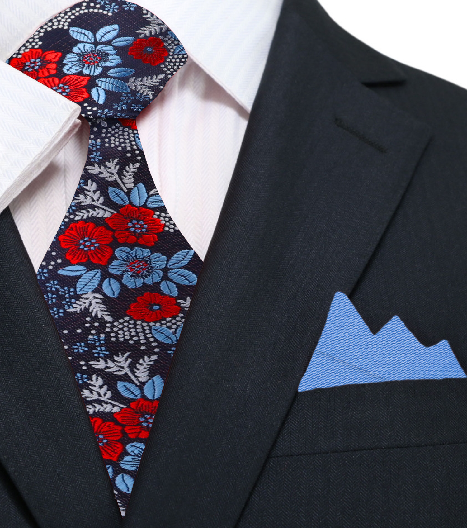 Blue, Red, Silver Floral Necktie with Accenting Blue Square
