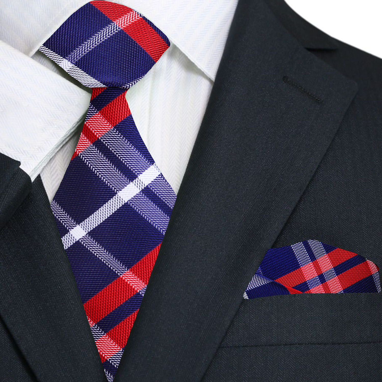 Blue, Red and White Giza Plaid Tie and Square
