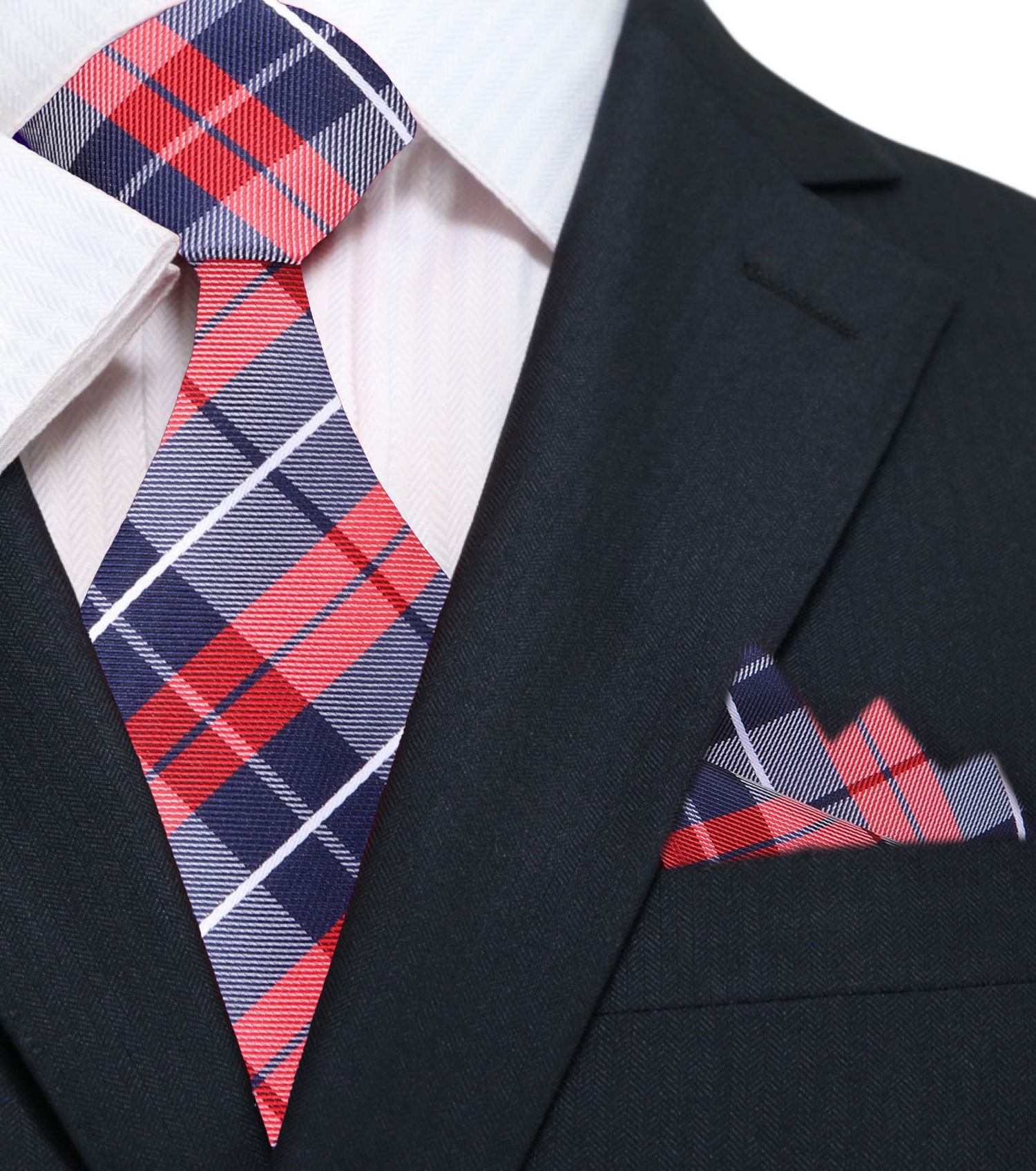 Main: A Red, Blue Plaid Pattern Silk Necktie, Matching Pocket Square