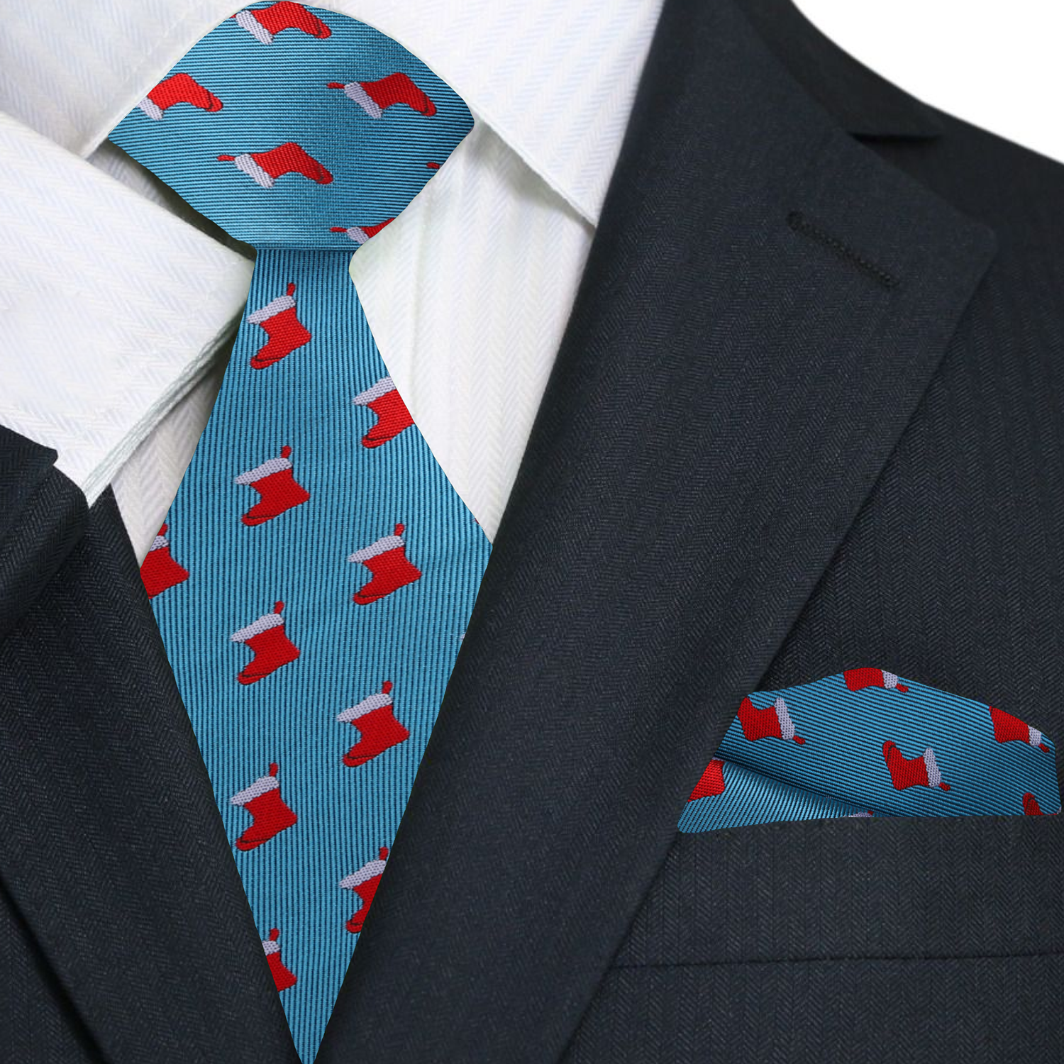 Main Light Blue Christmas Stockings Tie and Pocket Square||Light Blue