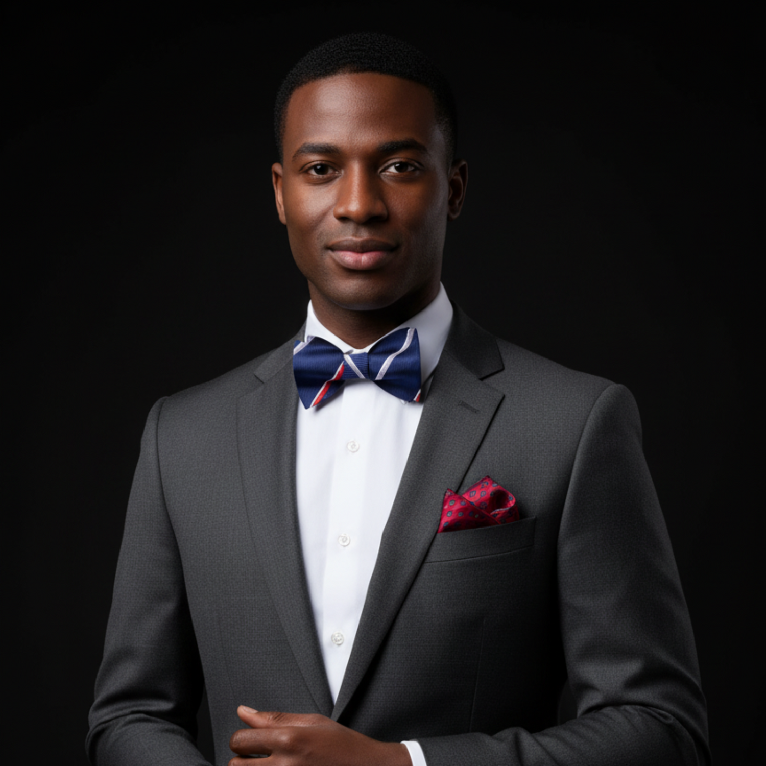 Man wearing blue stripe bow tie and square