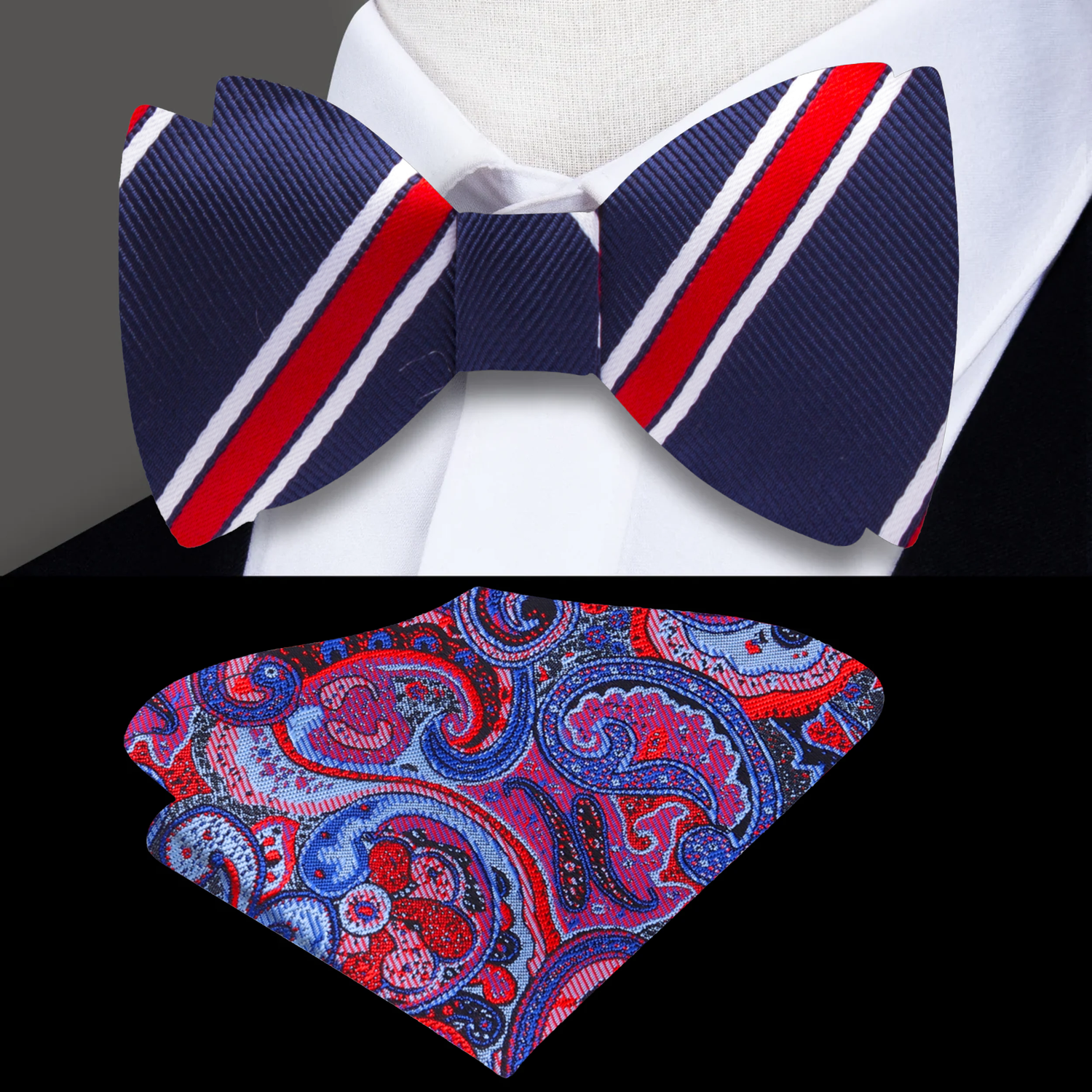 Blue, Red, White Stripe Bow Tie and Accenting Pocket Square