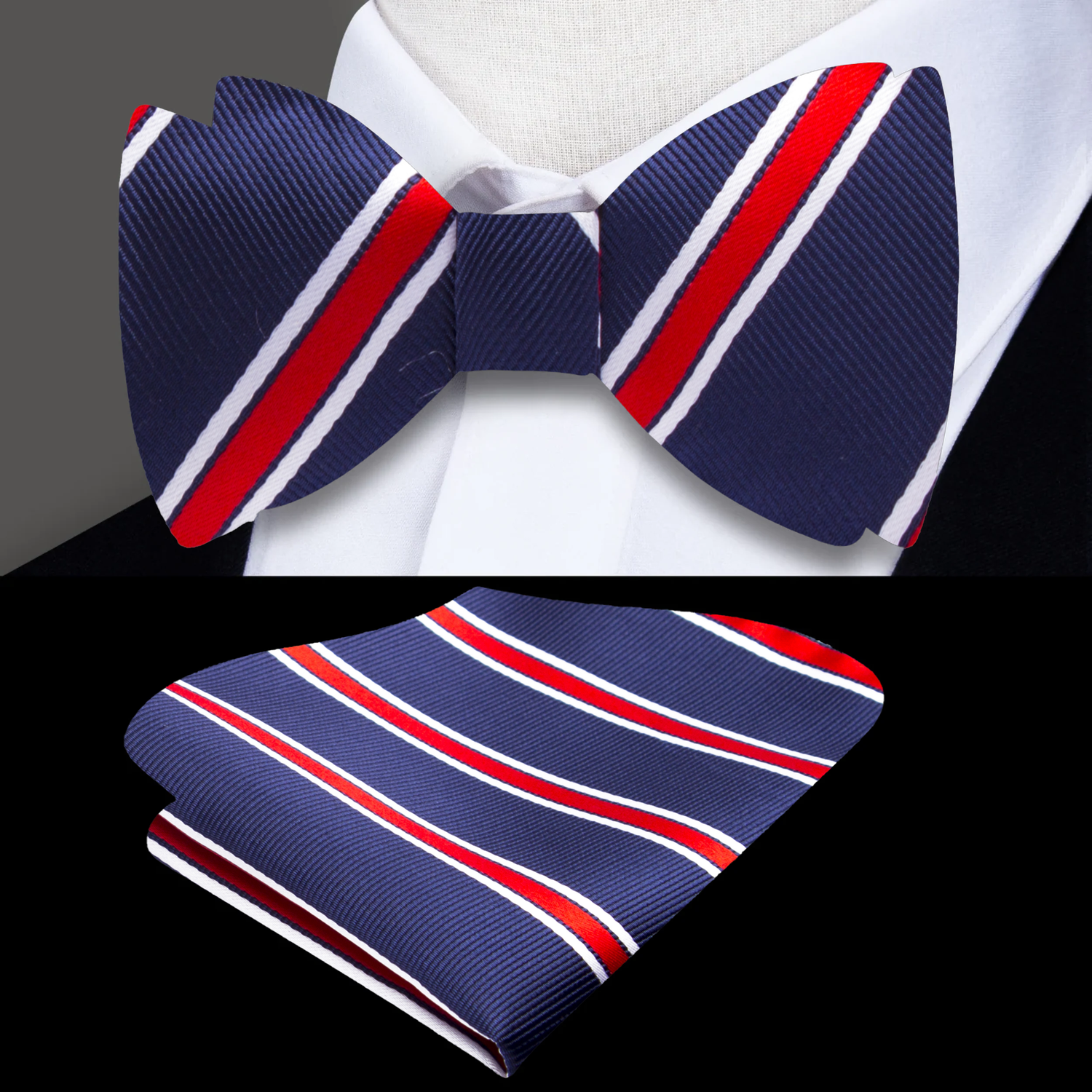 Blue, Red, White Stripe Bow Tie and Pocket Square