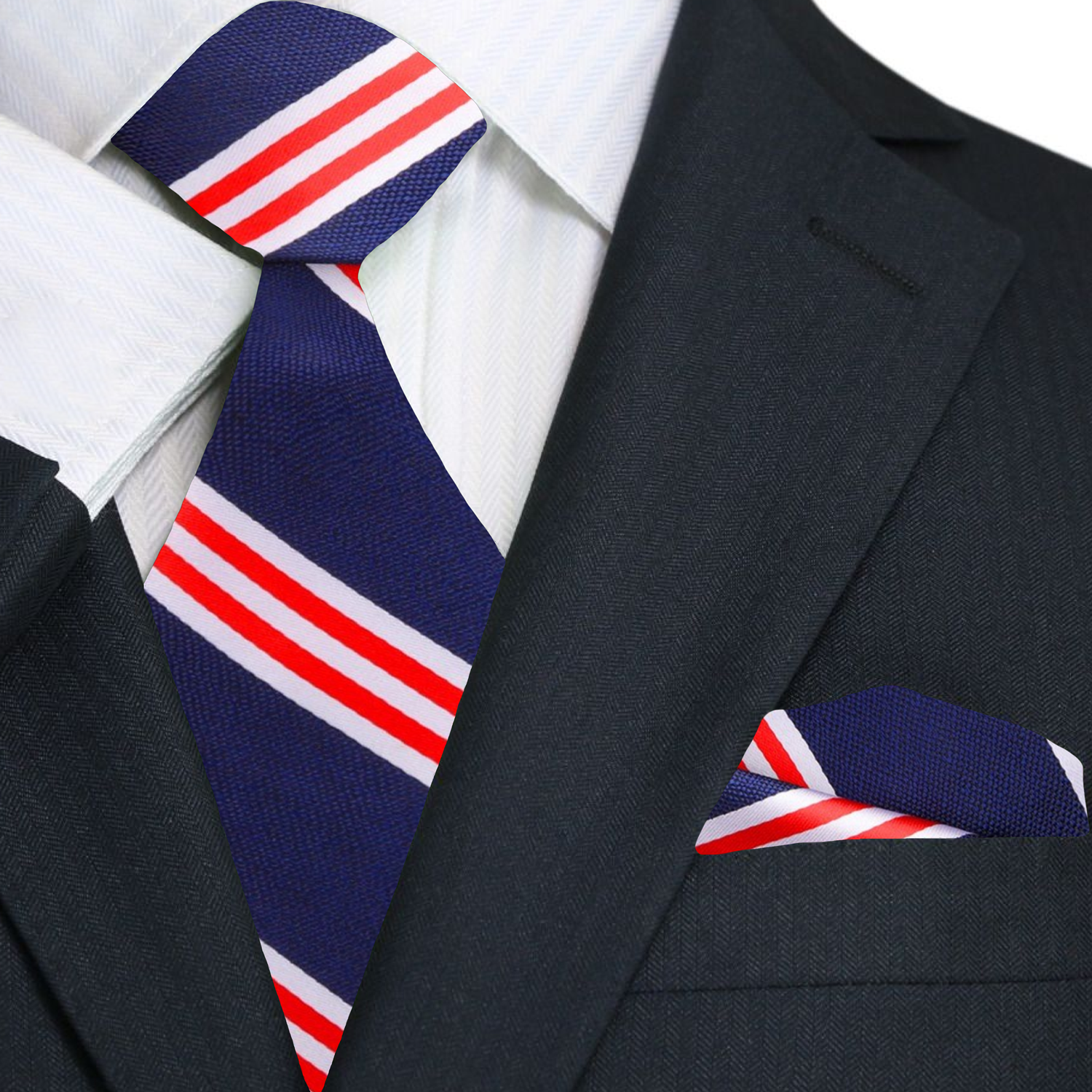 Main View: Dark Blue, Red Stripe Tie and Square