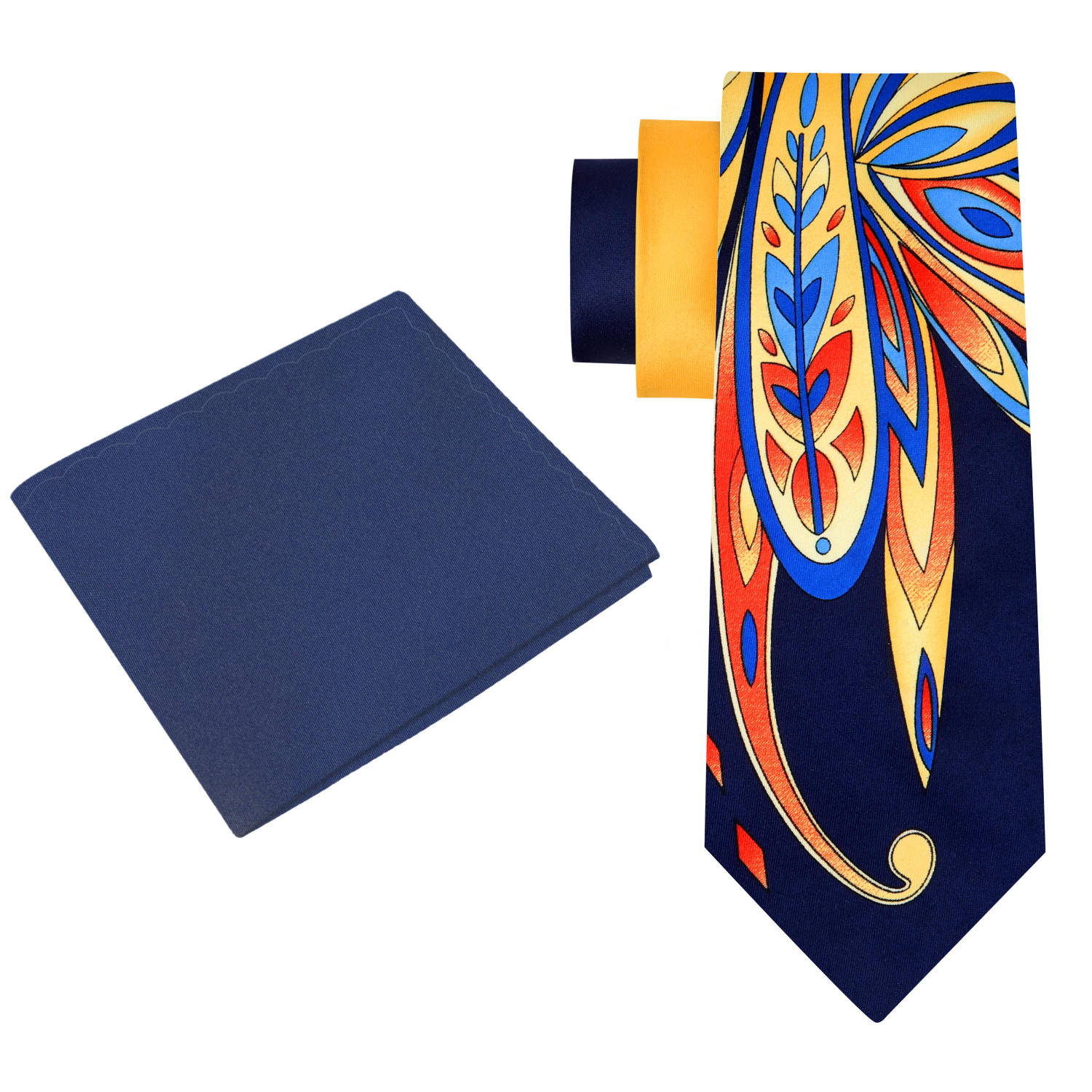 View 2: Blue, Red, Orange, Yellow Abstract Tie and Blue Pocket Square