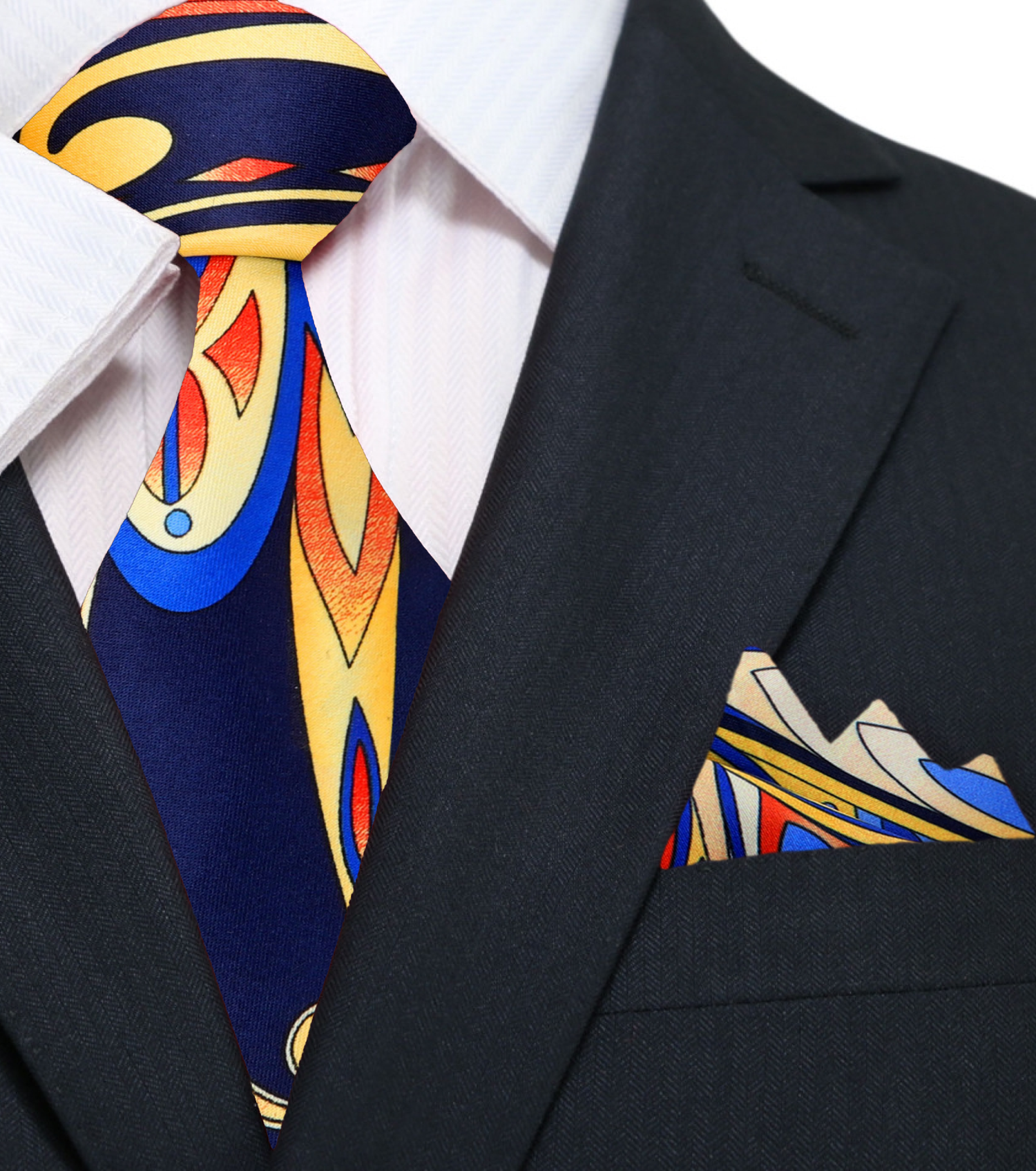 Main: Blue, Red, Orange, Yellow Abstract Tie and Pocket Square