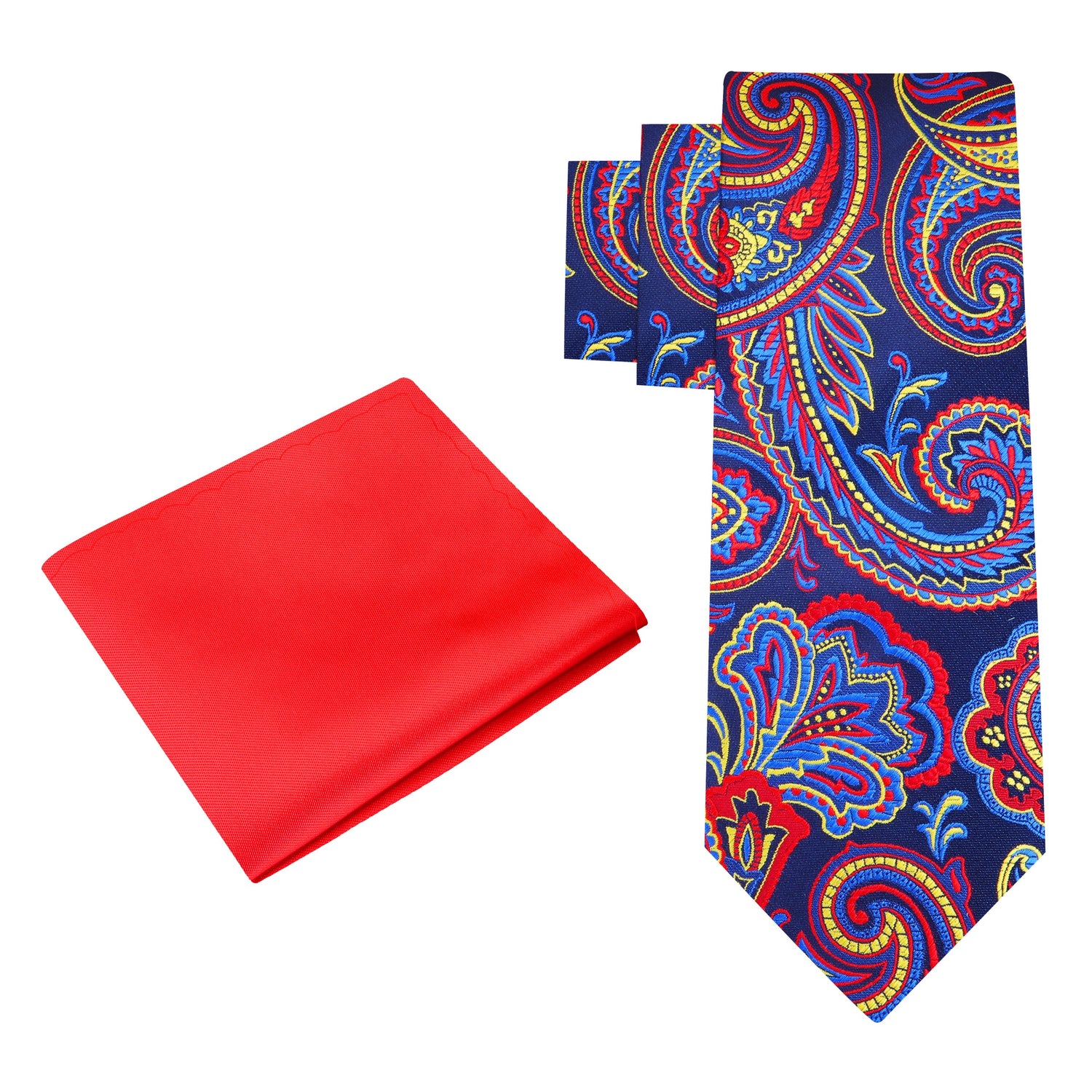 Alt View: Blue, Red and Yellow Paisley Tie and Red Pocket Square