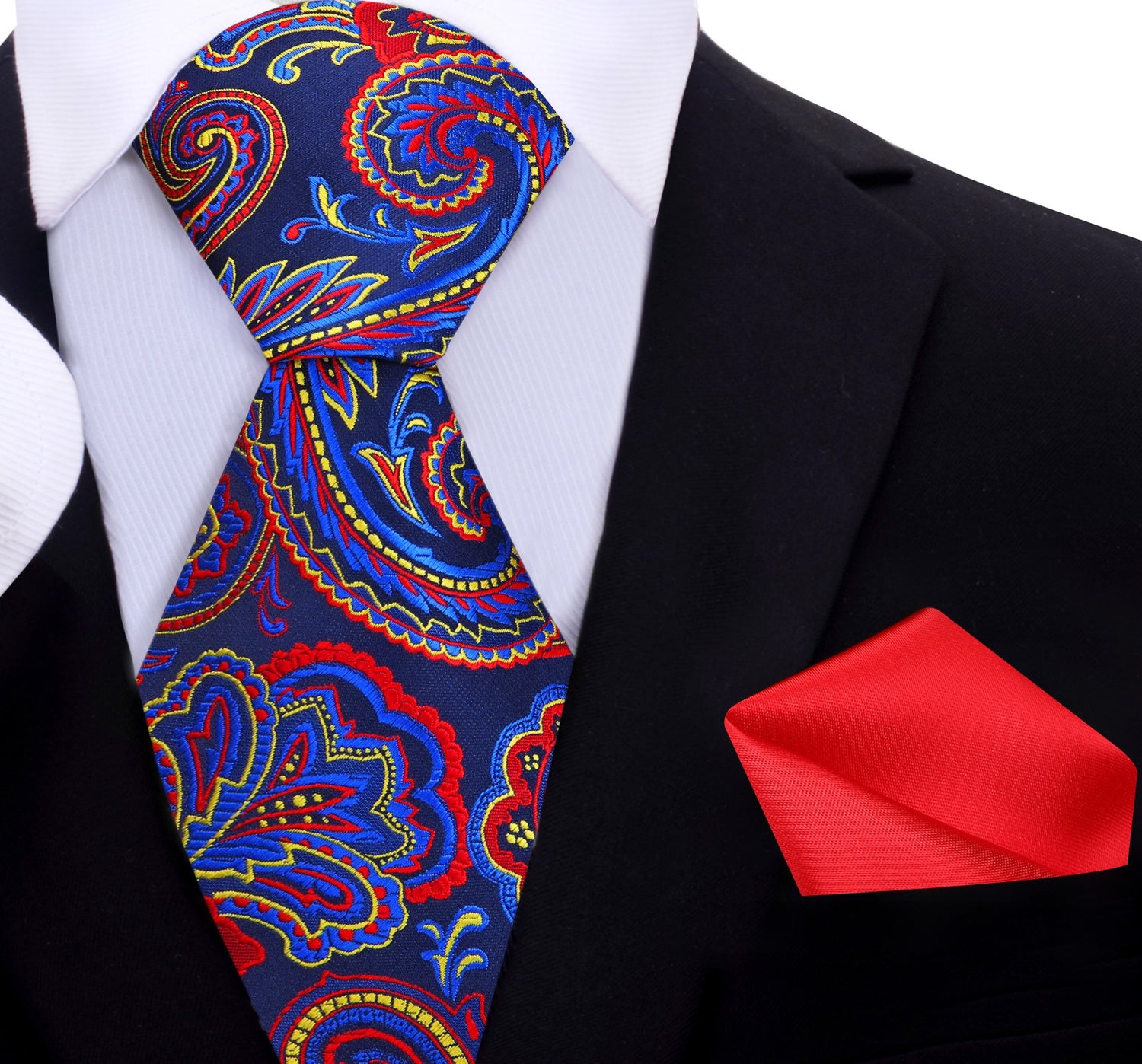 Blue, Red and Yellow Paisley Tie and Red Pocket Square