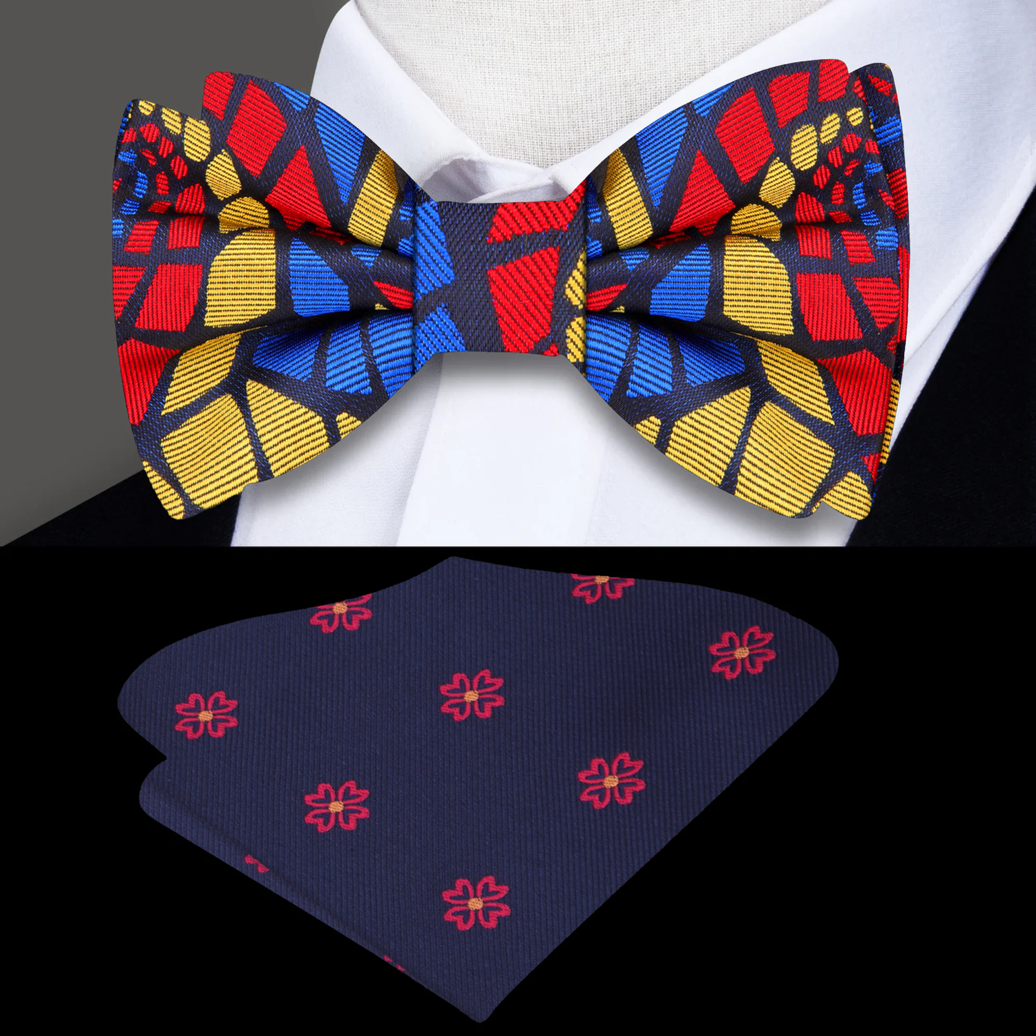 Red Blue and Yellow Abstract Bow Tie and Accenting Pocket Square||Red, Blue